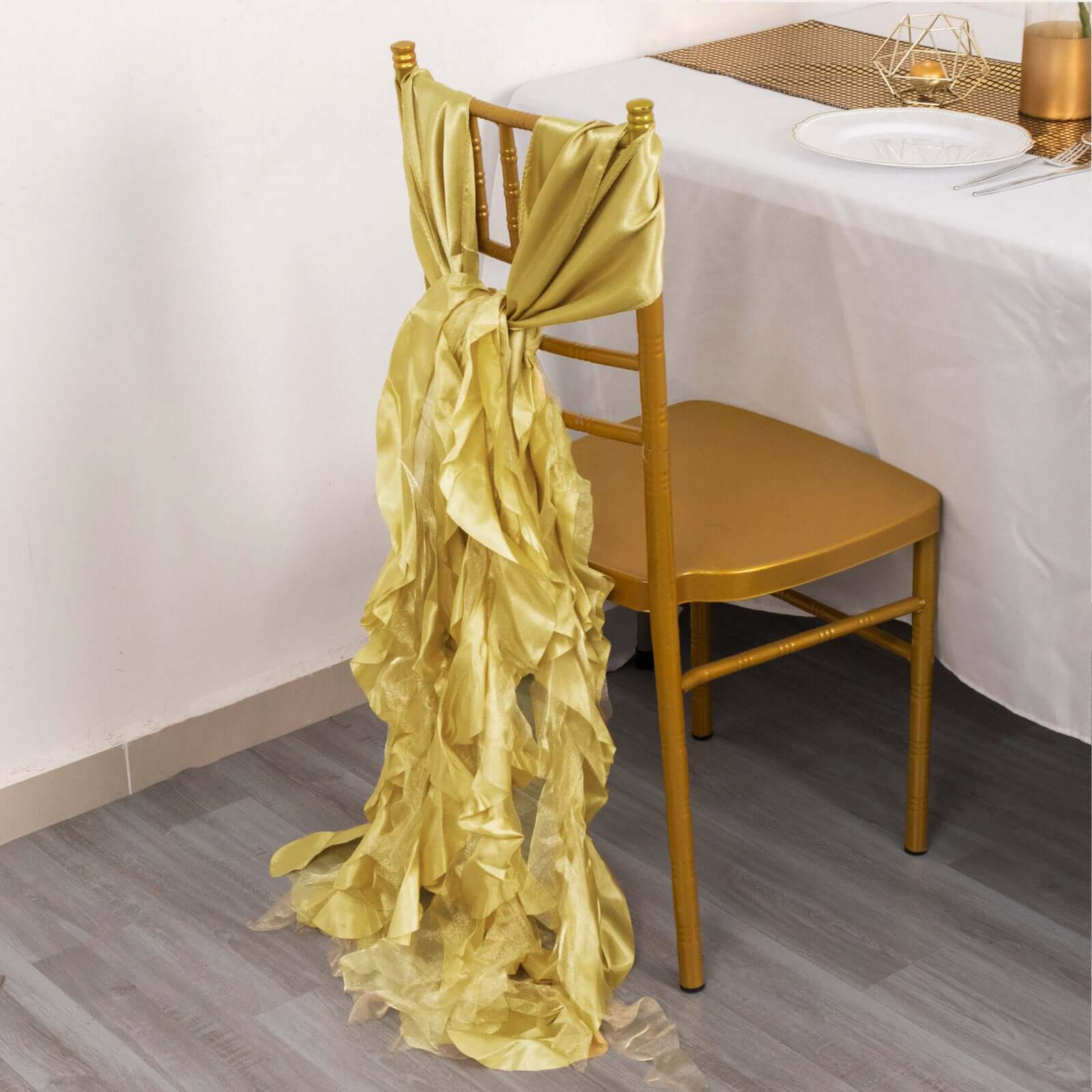 5 Pack Chiffon Satin Chair Sashes Champagne - Easy to Install Ruffled Curly Willow - Image 3