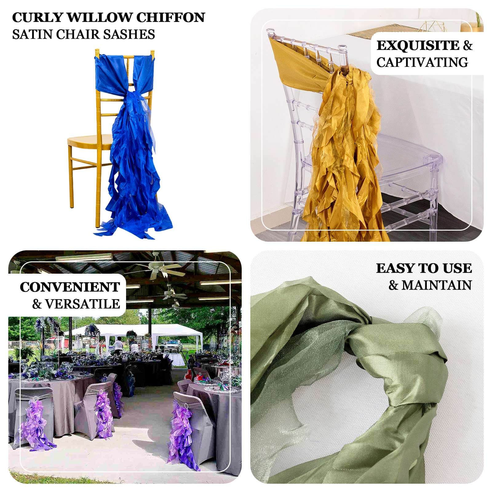 5 Pack Chiffon Satin Chair Sashes Champagne - Easy to Install Ruffled Curly Willow - Image 4