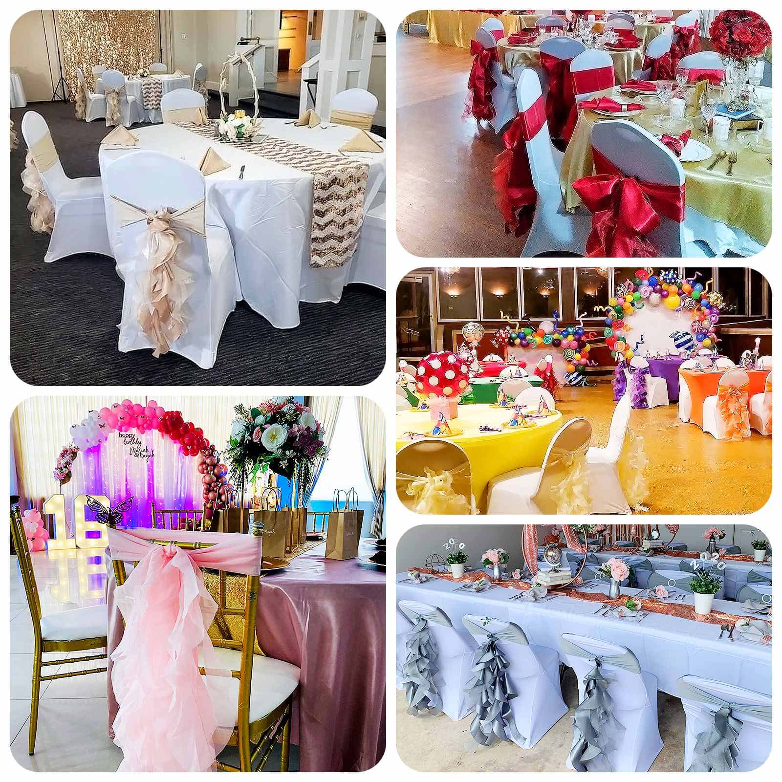 5 Pack Chiffon Satin Chair Sashes Champagne - Easy to Install Ruffled Curly Willow - Image 5