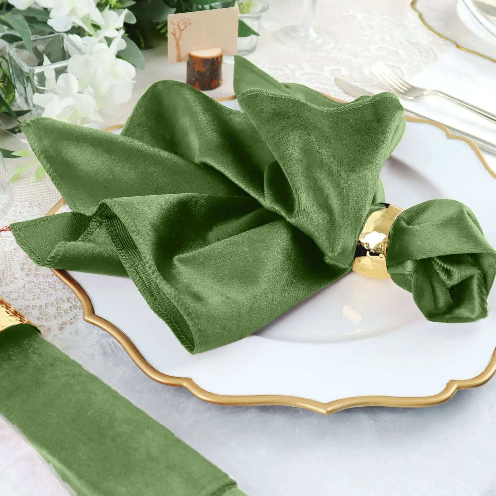 5 Pack Premium Velvet 20"x20" Napkins Olive Green - Soft Sheen Finish Cloth Napkins - Image 2