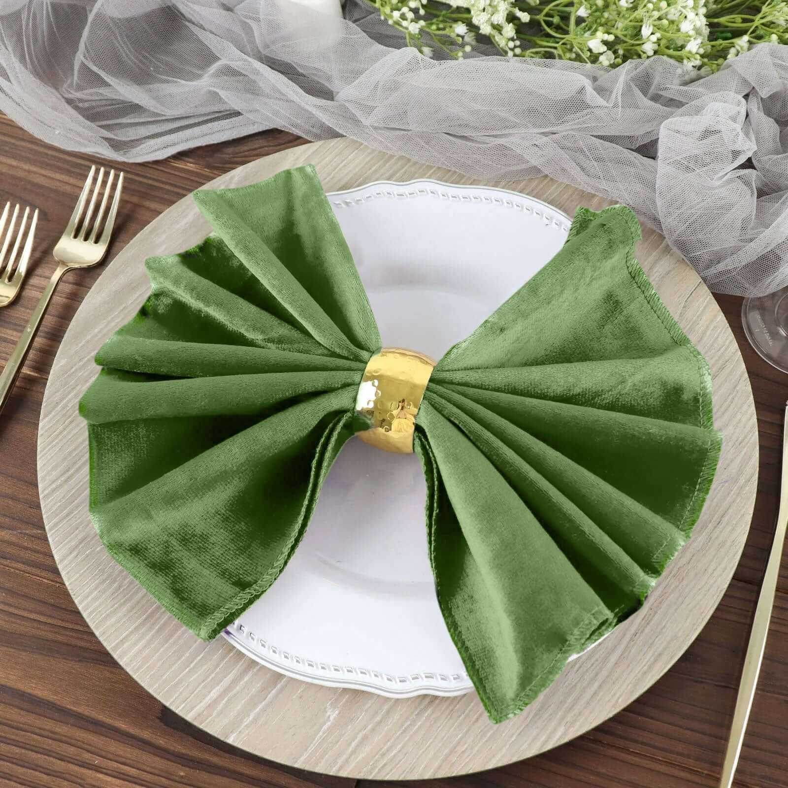 5 Pack Premium Velvet 20"x20" Napkins Olive Green - Soft Sheen Finish Cloth Napkins - Image 3