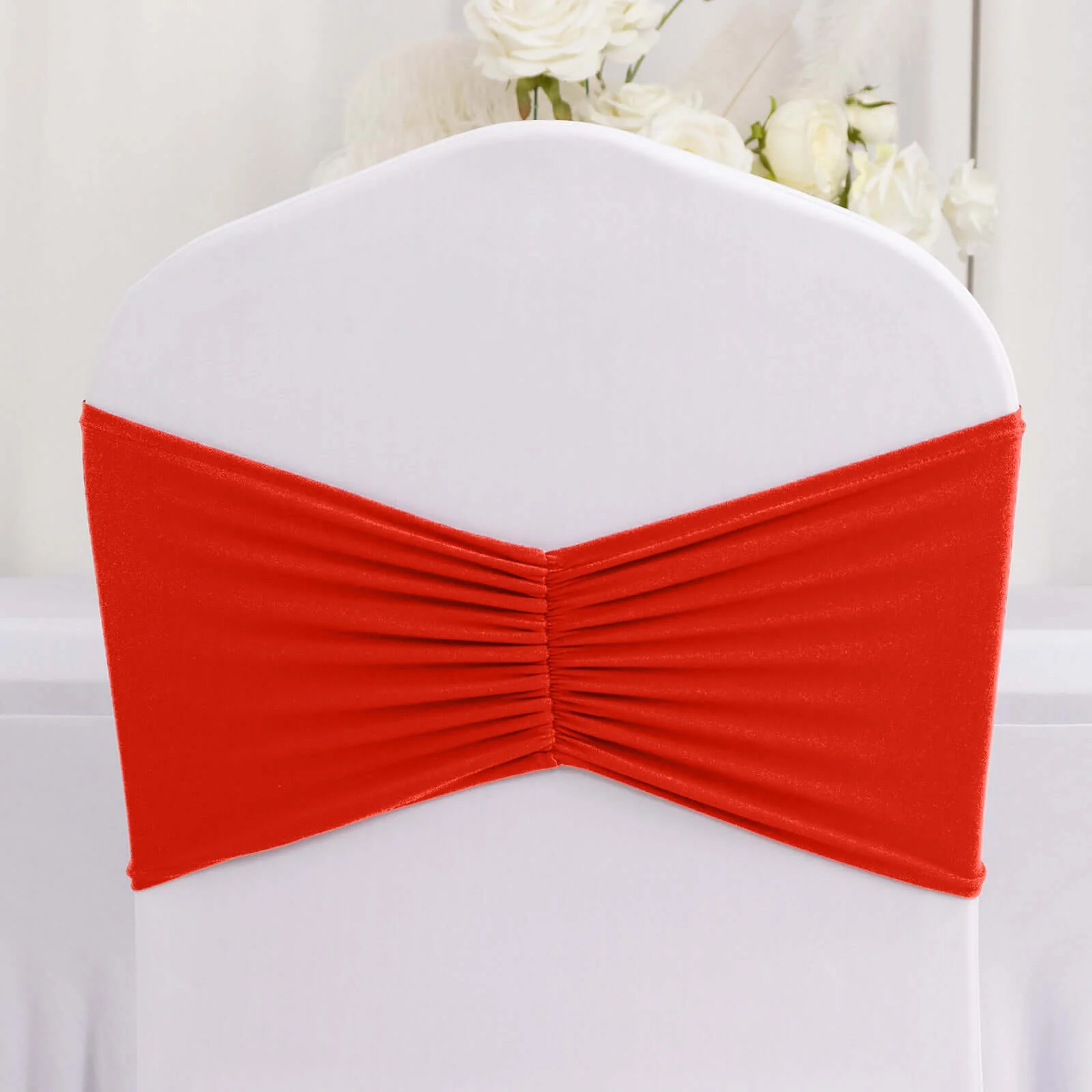 5 Pack Spandex Chair Sashes Red Ruffled Style - Wide Easy to Use Stretch Chair Bands 8"x13" - Image 3