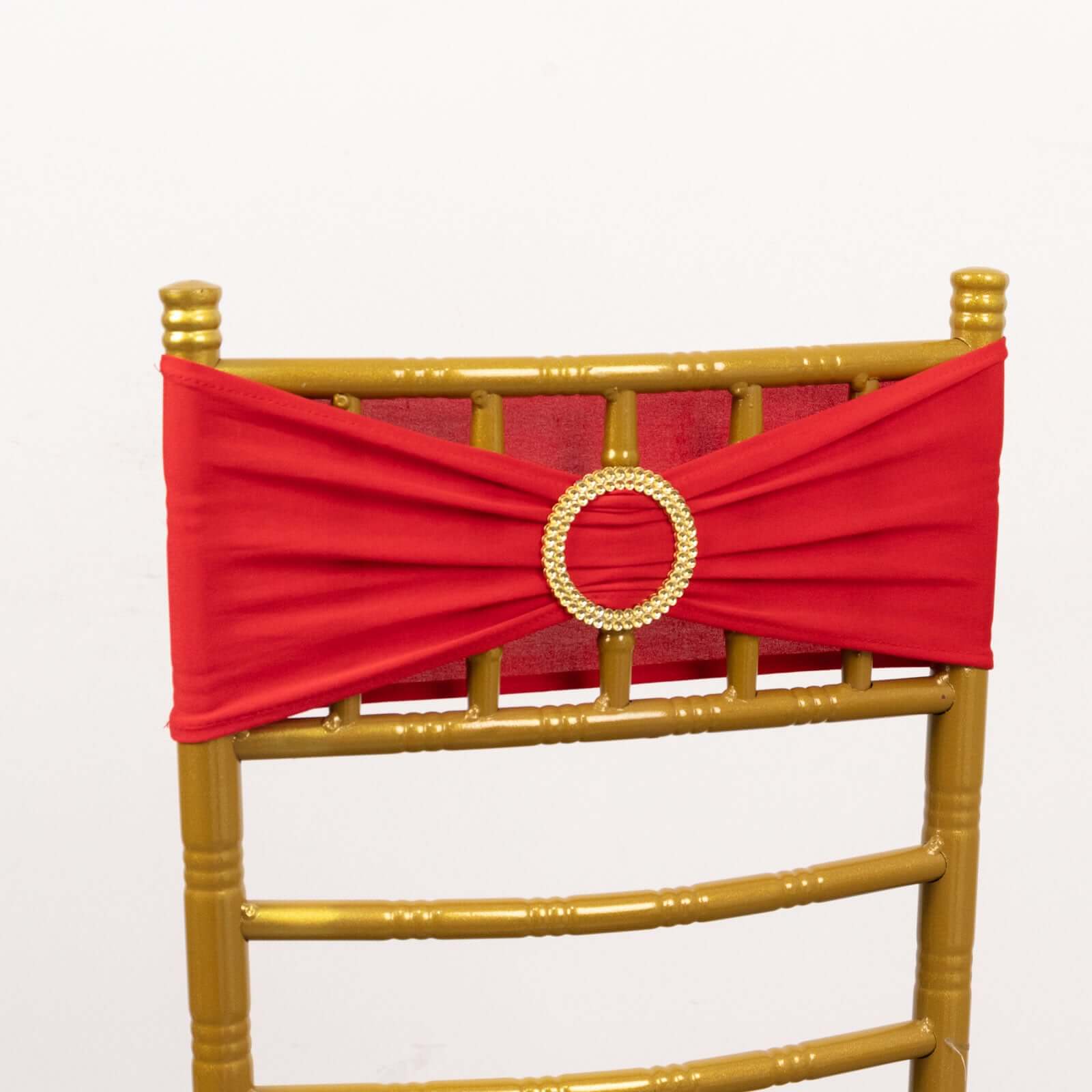 5 Pack Spandex Chair Sashes Red with Gold Rhinestone Buckles - Reusable Four-Way Stretch Sash Bands 5"x14" - Image 2