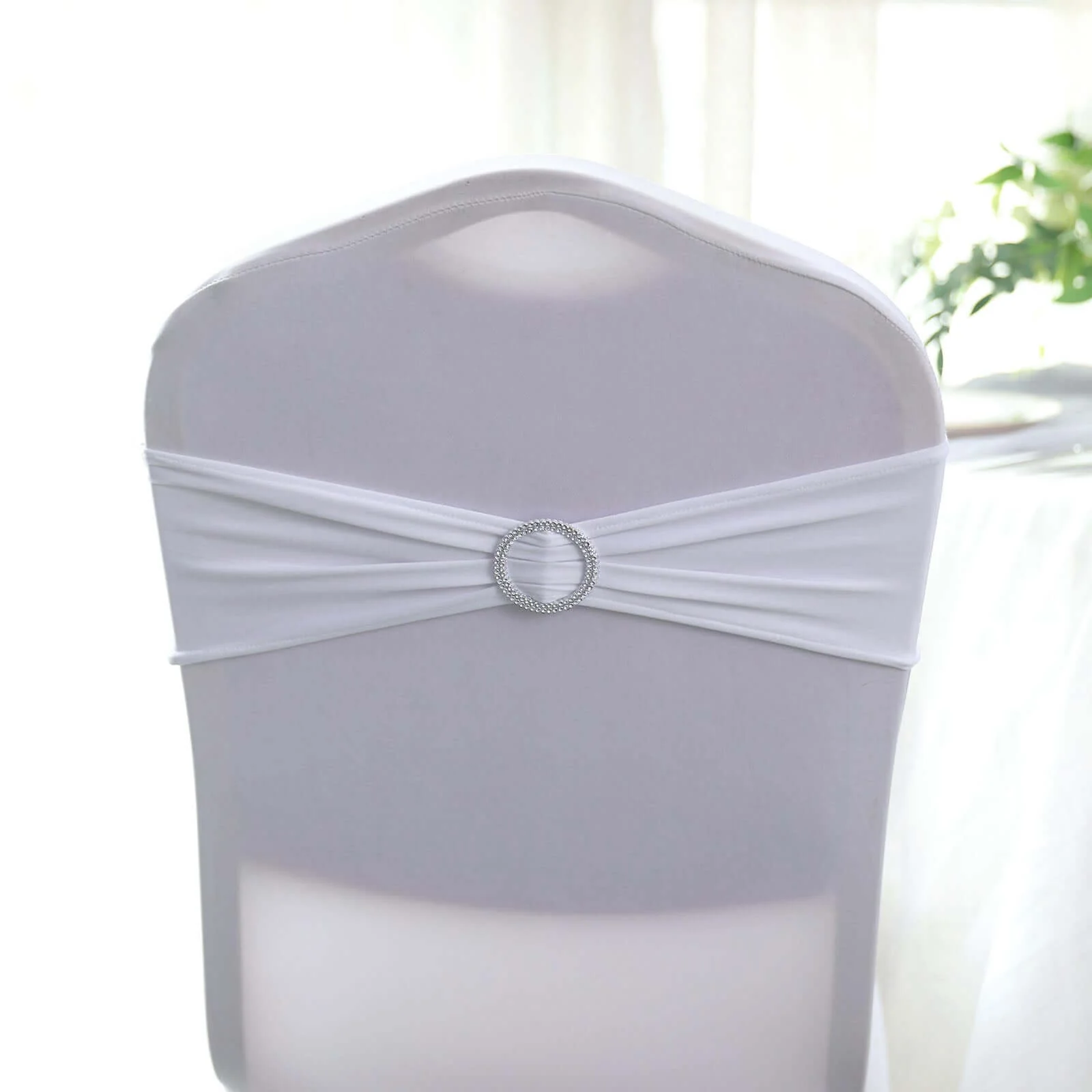 5 Pack Stretch Spandex Chair Sashes White - Classy Reusable Chair Bands with Silver Diamond Ring Slide Buckle 5"x14" - Image 2