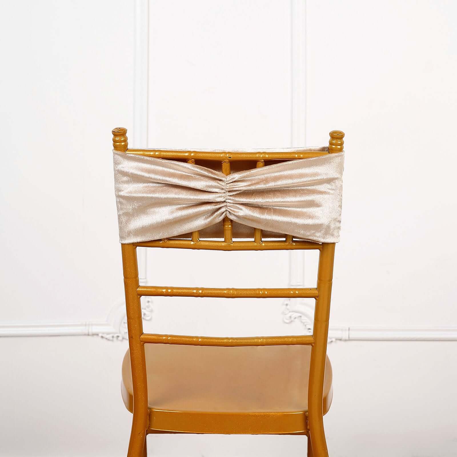 5 Pack Velvet Chair Sashes with Ruffled Center Champagne - Soft Stretchable Chair Bands - Image 10