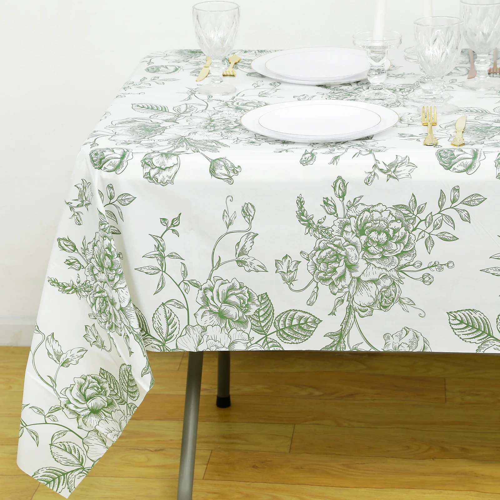 5-Pack Rectangular Plastic Tablecloths – White with Sage Green French Toile Pattern, PVC Waterproof Disposable Table Covers 54"x108" - Image 10