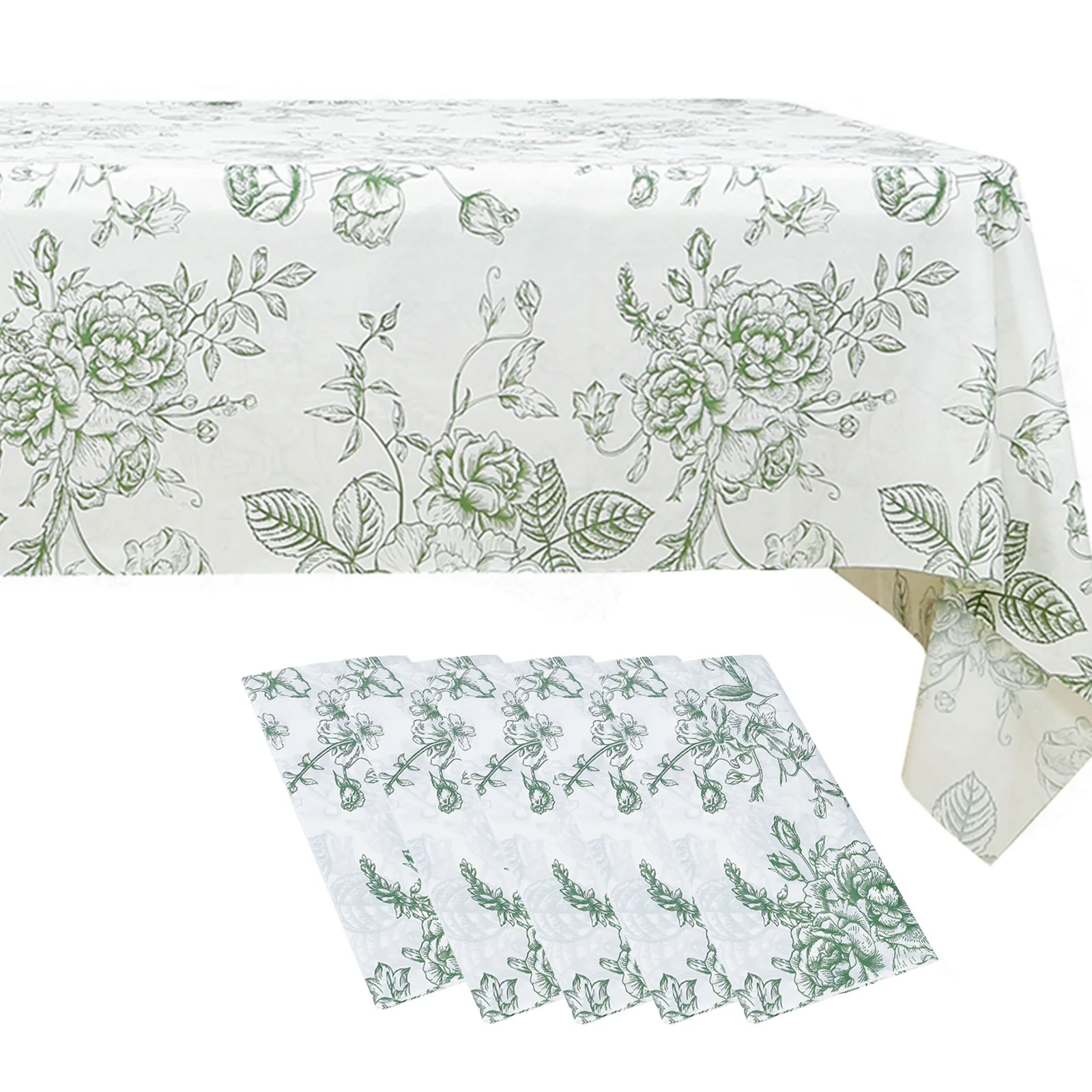 5-Pack Rectangular Plastic Tablecloths – White with Sage Green French Toile Pattern, PVC Waterproof Disposable Table Covers 54"x108" - Image 3