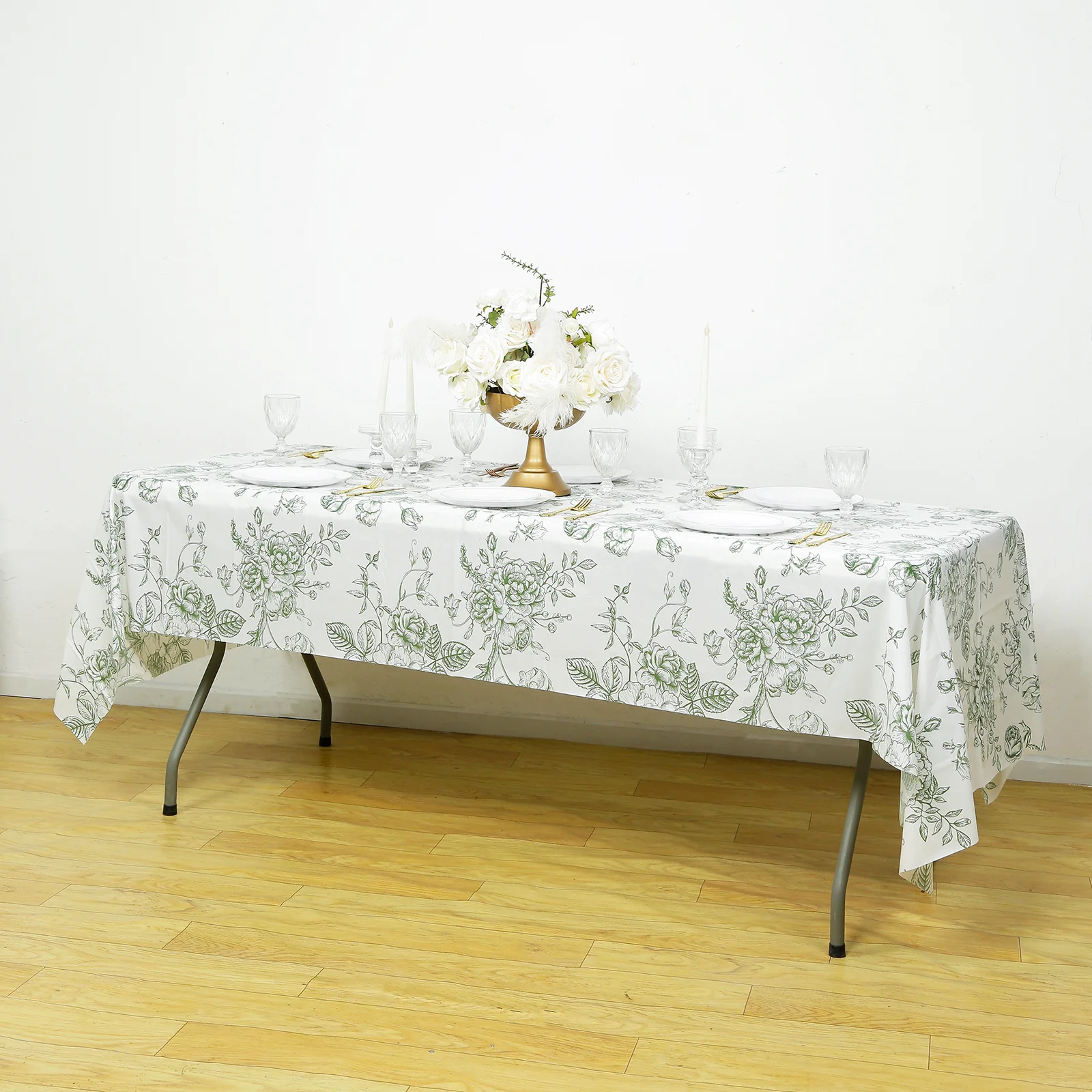 5-Pack Rectangular Plastic Tablecloths – White with Sage Green French Toile Pattern, PVC Waterproof Disposable Table Covers 54"x108" - Image 6