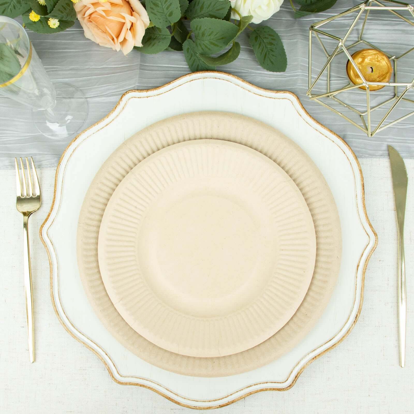 50-Pack Bagasse 10" Round Dinner Plates in Natural with Ribbed Rim - Eco Friendly Biodegradable Sugarcane Party Plates for Events - Image 2
