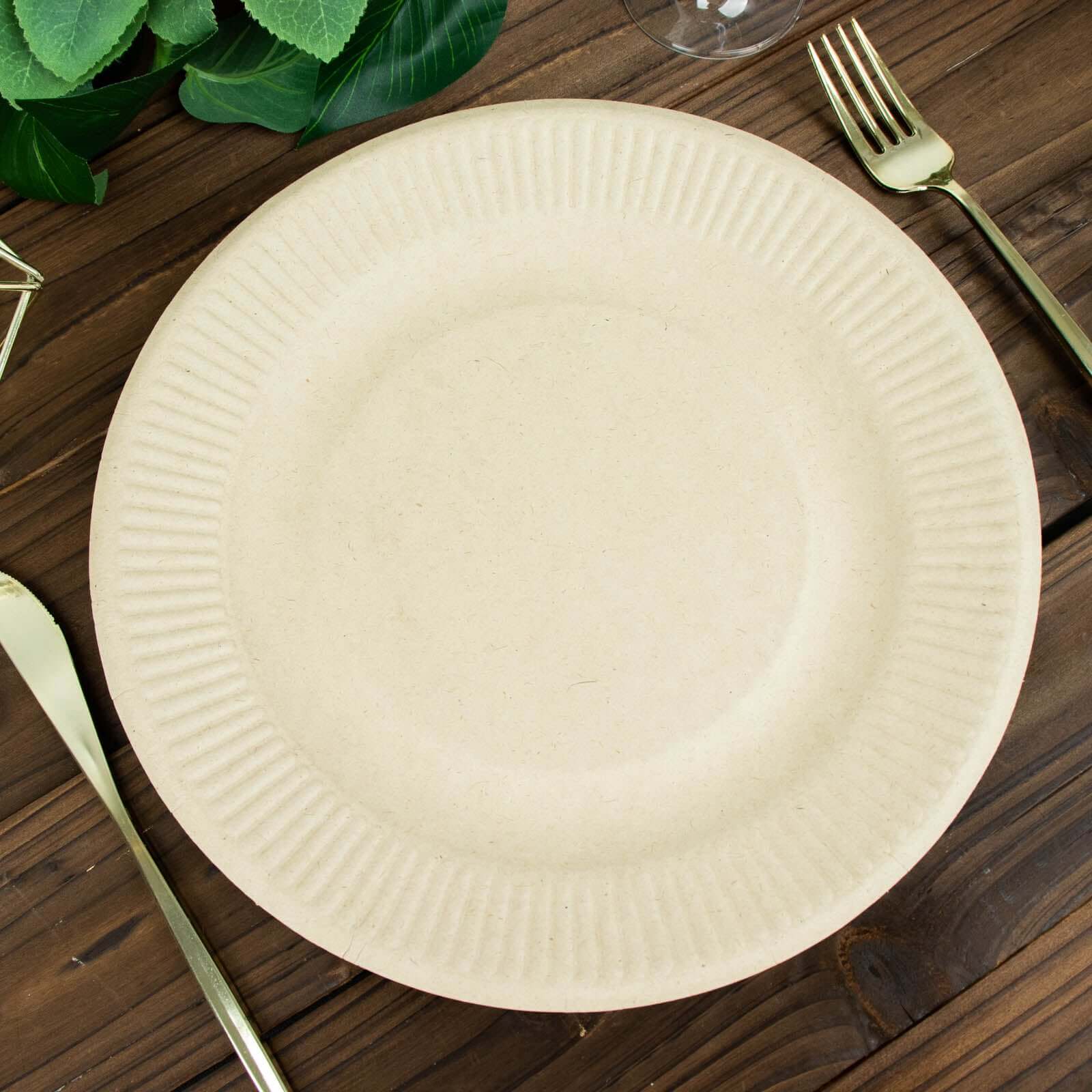 50-Pack Bagasse 10" Round Dinner Plates in Natural with Ribbed Rim - Eco Friendly Biodegradable Sugarcane Party Plates for Events - Image 4