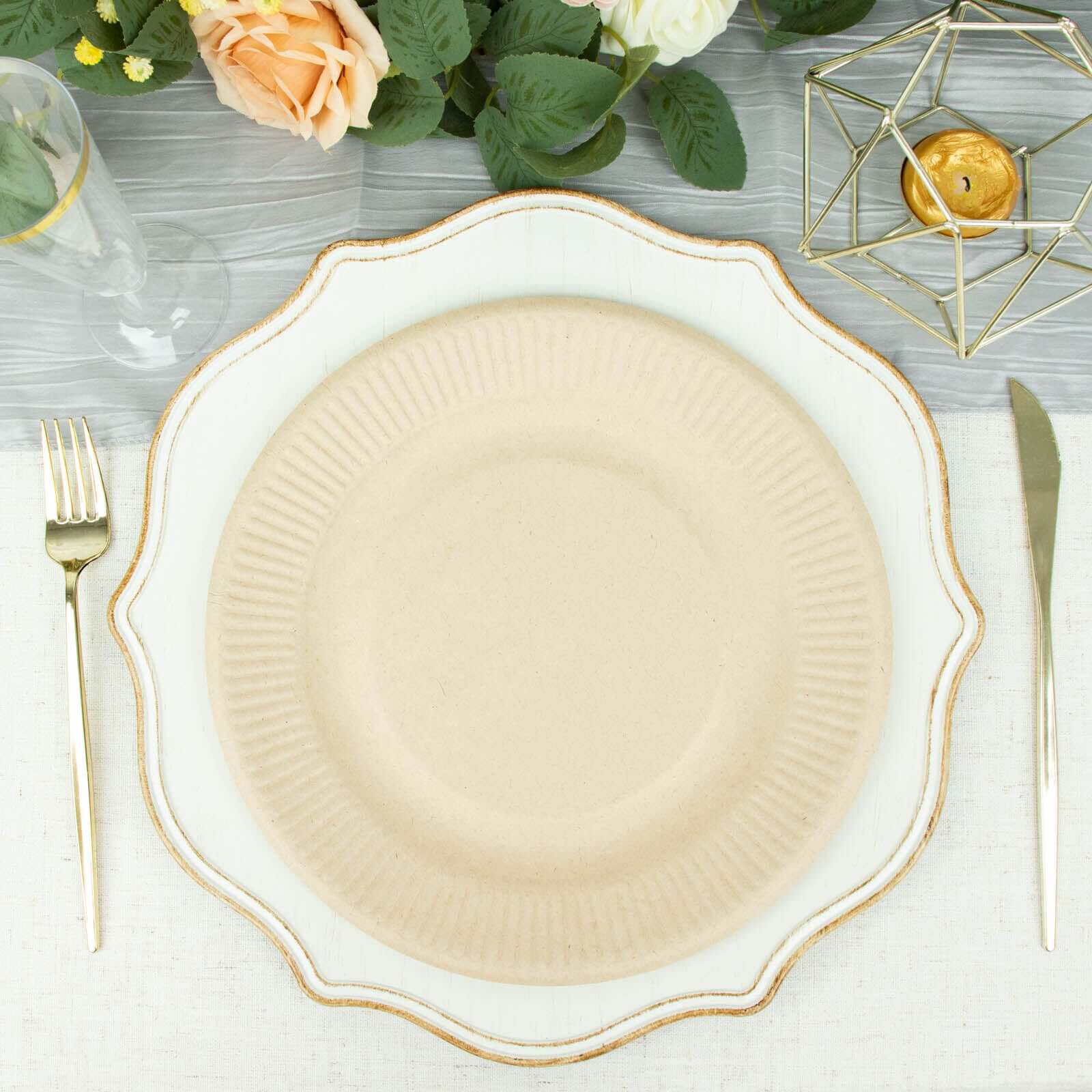 50-Pack Bagasse 10" Round Dinner Plates in Natural with Ribbed Rim - Eco Friendly Biodegradable Sugarcane Party Plates for Events - Image 6