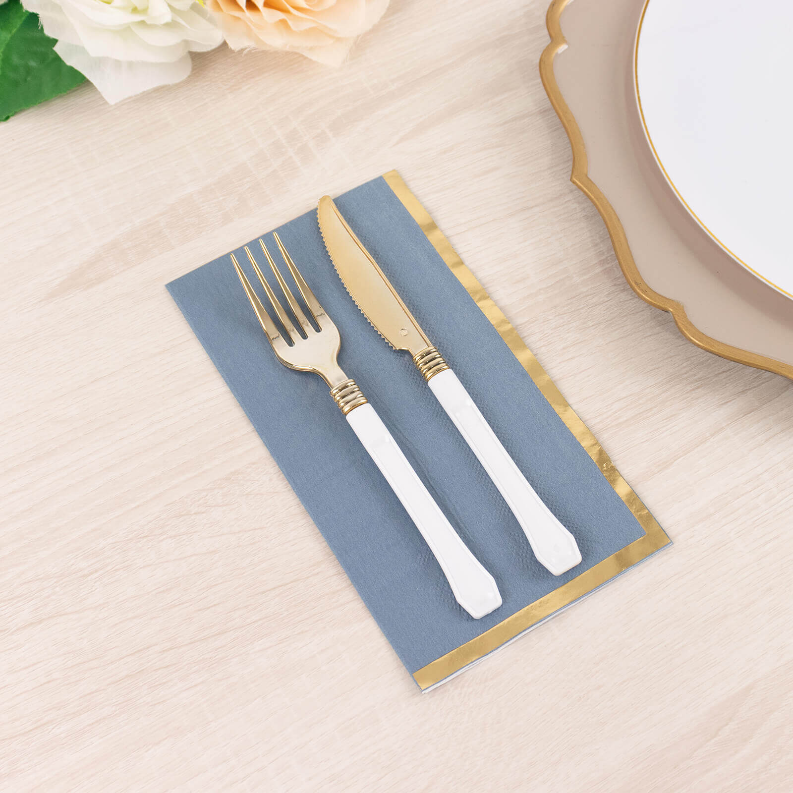 50-Pack Paper Dinner Napkins Dusty Blue with Gold Foil Edge 2 Ply - Stylish Disposable Napkins - Image 2