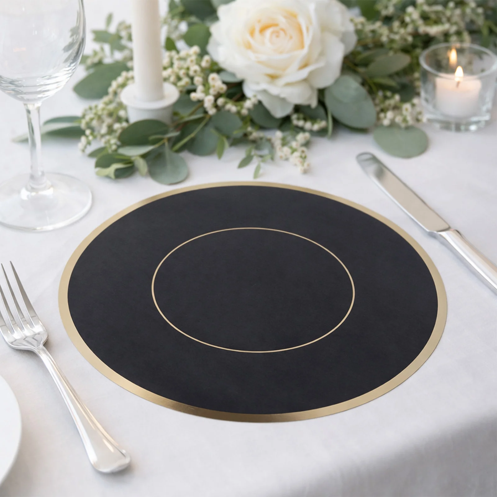 50 Pack Round Disposable Table Placemats 13" Black with Gold Rim – Cardboard Charger Plates for Catering & Special Events, 128 GSM - Image 9