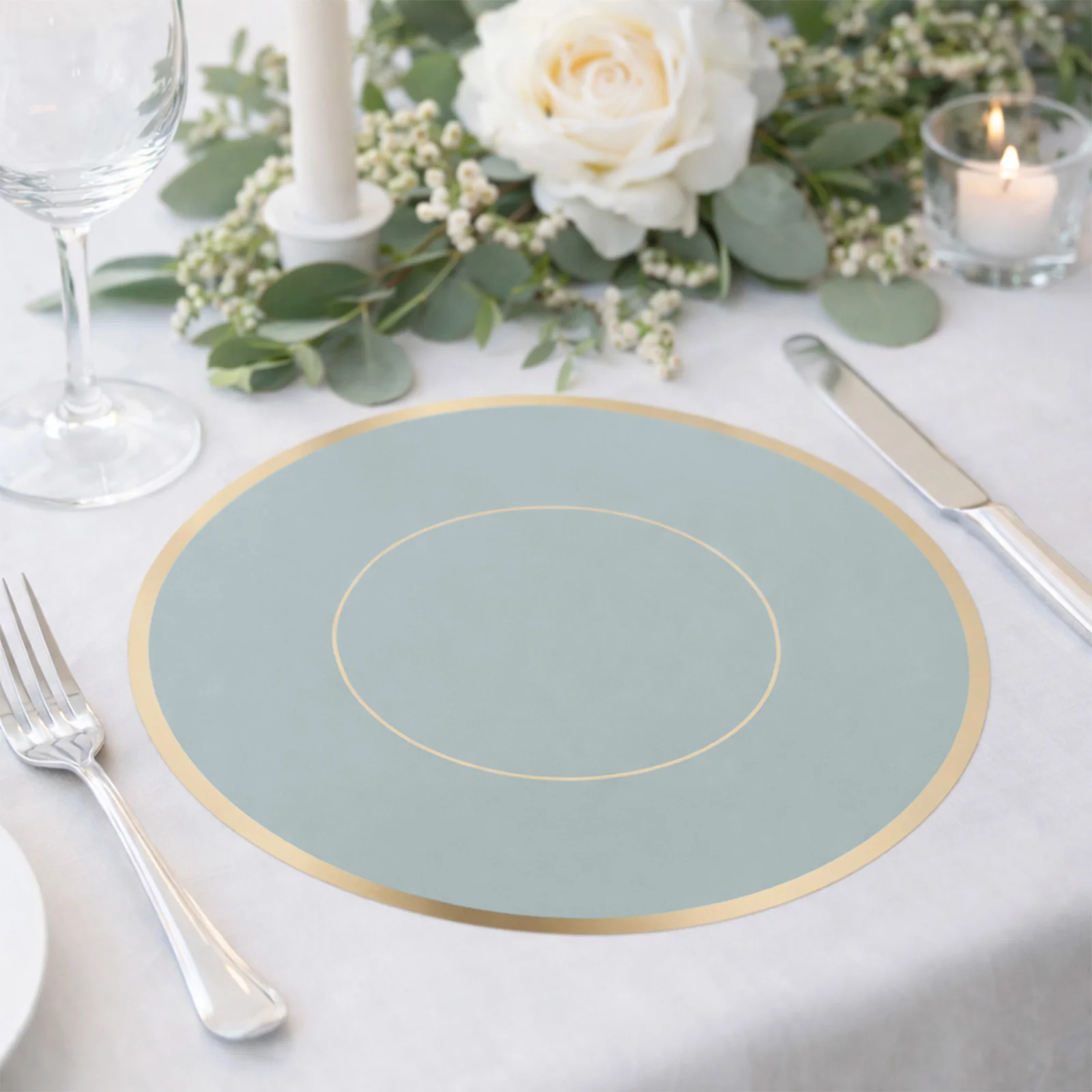 50 Pack Round Disposable Table Placemats 13" Dusty Blue with Gold Rim – Cardboard Charger Plates for Catering & Special Events, 128 GSM - Image 9