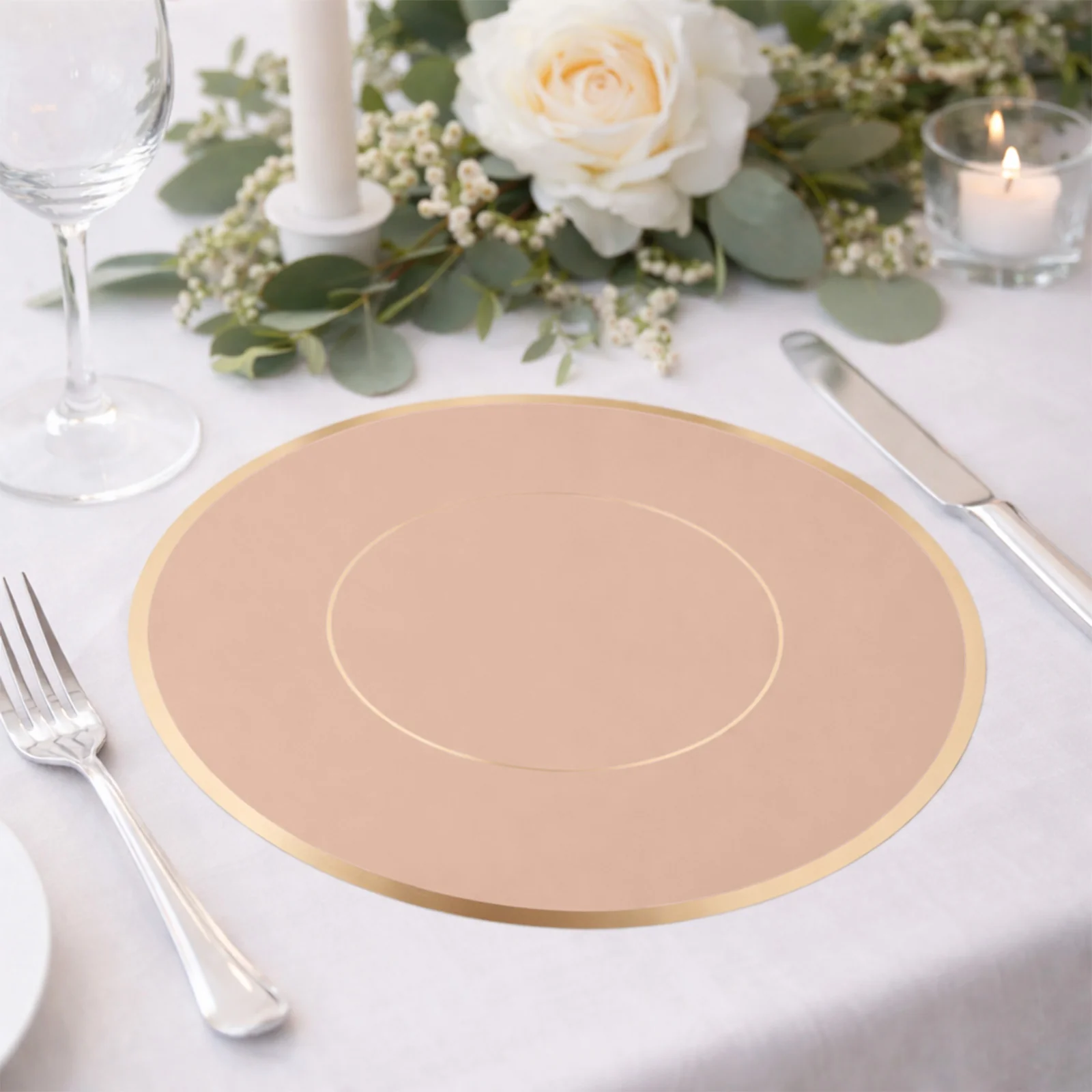50 Pack Round Disposable Table Placemats 13" Dusty Rose with Gold Rim – Cardboard Charger Plates for Catering & Special Events, 128 GSM - Image 9