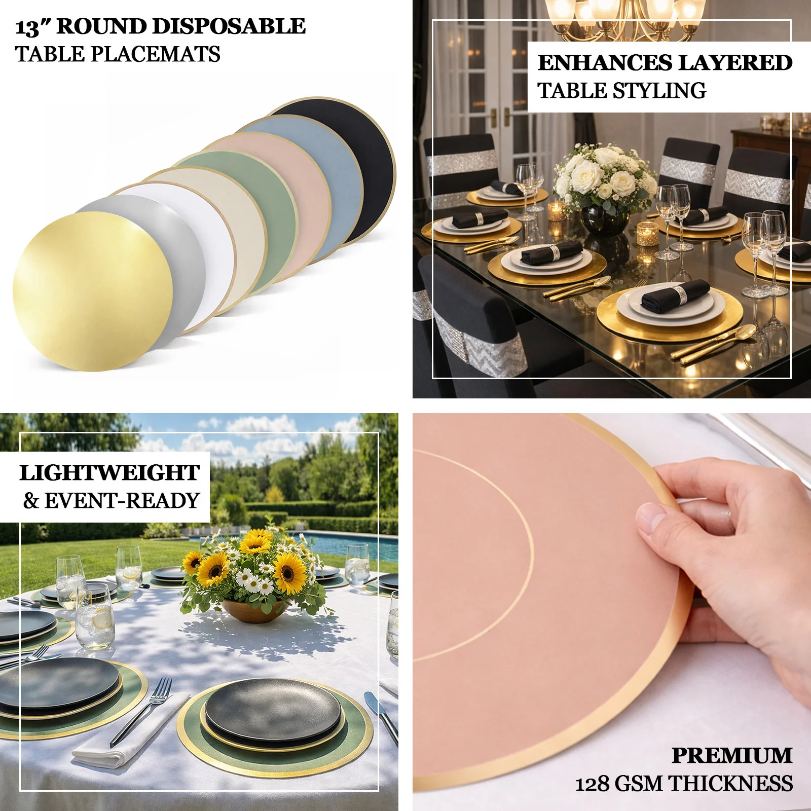 50 Pack Round Disposable Table Placemats 13" Gold – Cardboard Charger Plates for Catering & Special Events, 128 GSM - Image 4