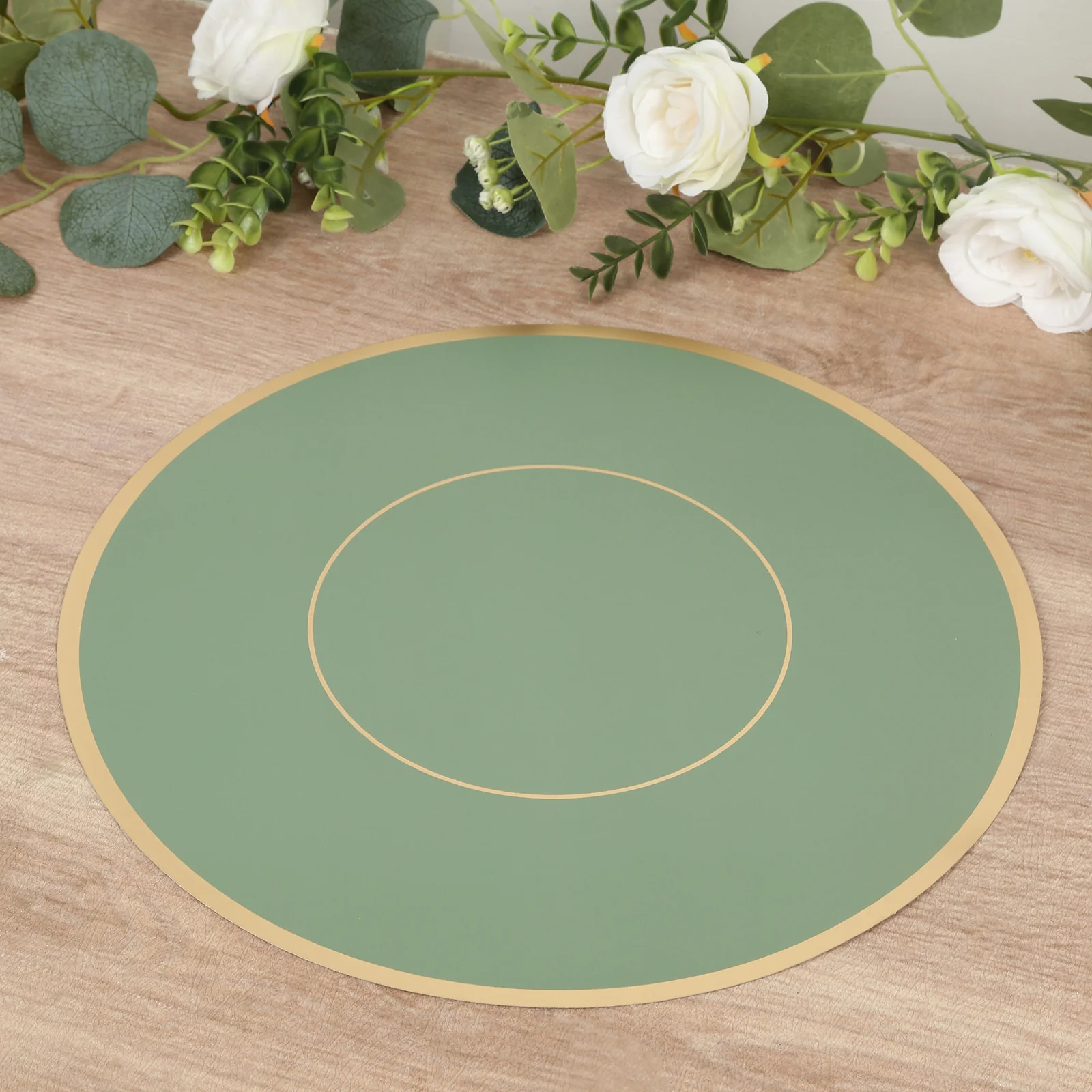 50 Pack Round Disposable Table Placemats 13" Sage Green with Gold Rim – Cardboard Charger Plates for Catering & Special Events, 128 GSM - Image 7
