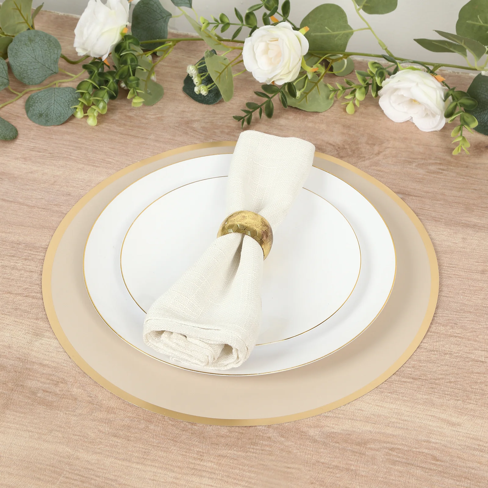 50 Pack Round Disposable Table Placemats 13" Taupe with Gold Rim – Cardboard Charger Plates for Catering & Special Events, 128 GSM - Image 6