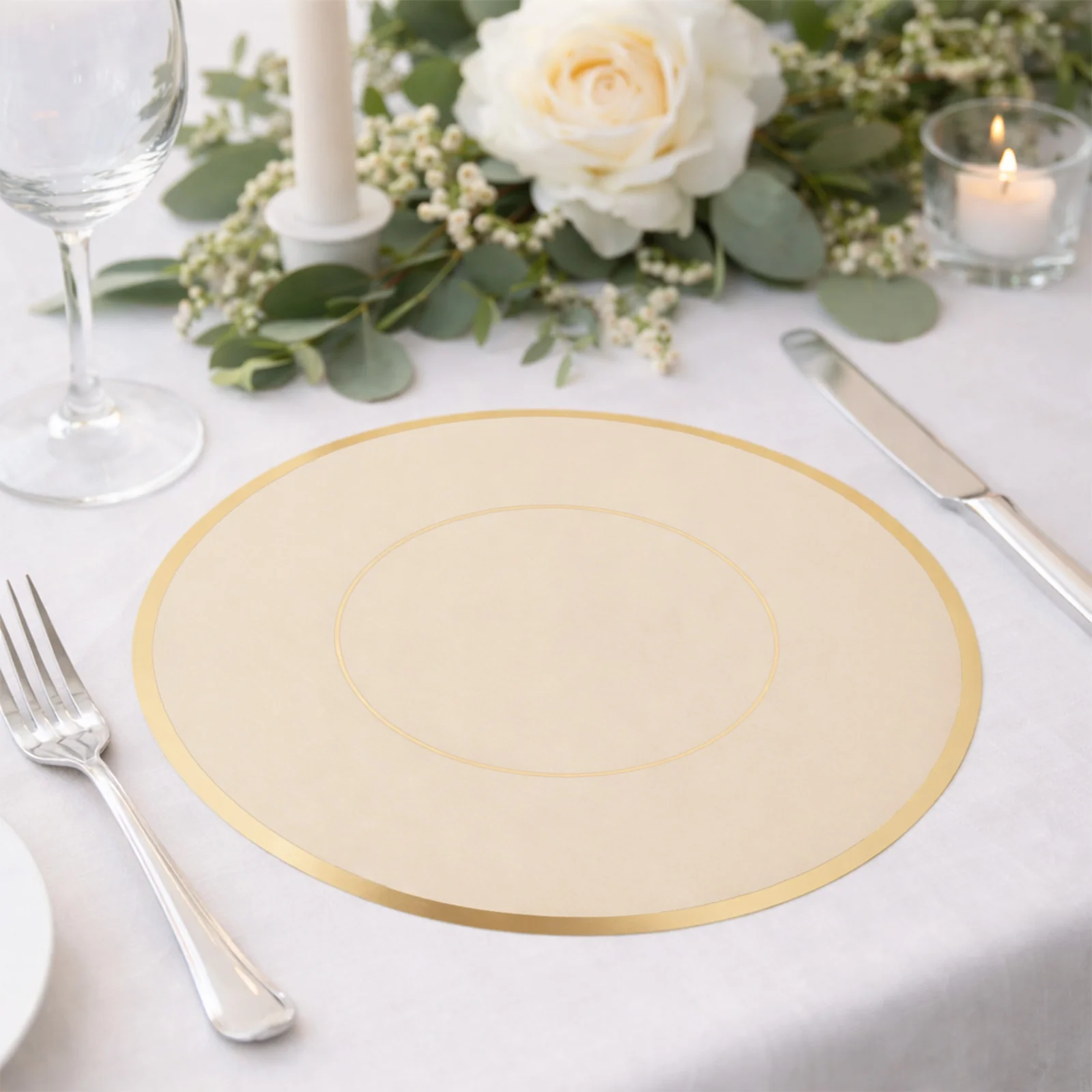 50 Pack Round Disposable Table Placemats 13" Taupe with Gold Rim – Cardboard Charger Plates for Catering & Special Events, 128 GSM - Image 9