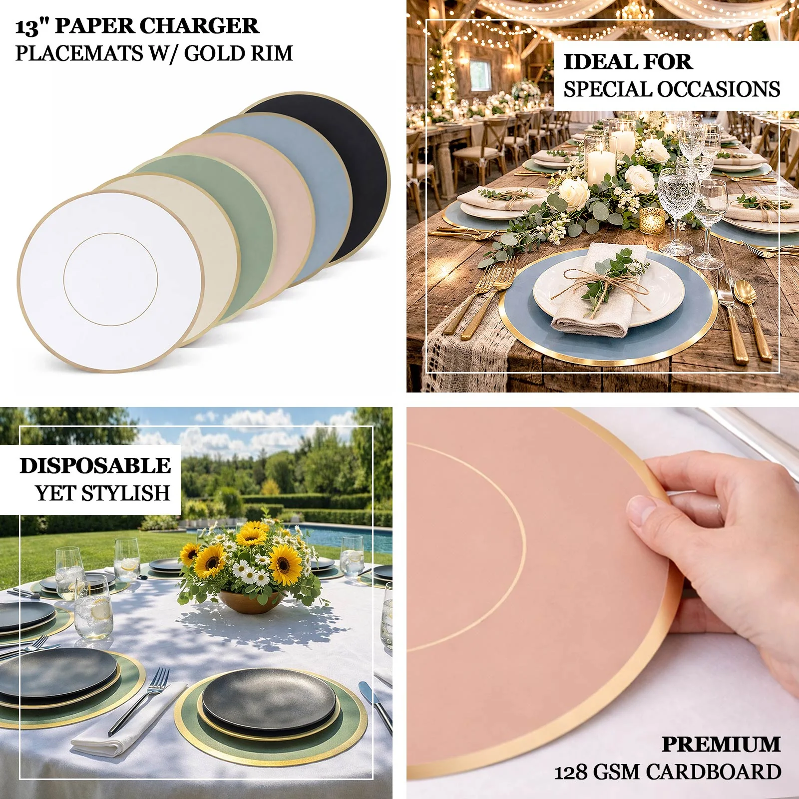 50 Pack Round Disposable Table Placemats 13" White with Gold Rim – Cardboard Charger Plates for Catering & Special Events, 128 GSM - Image 4