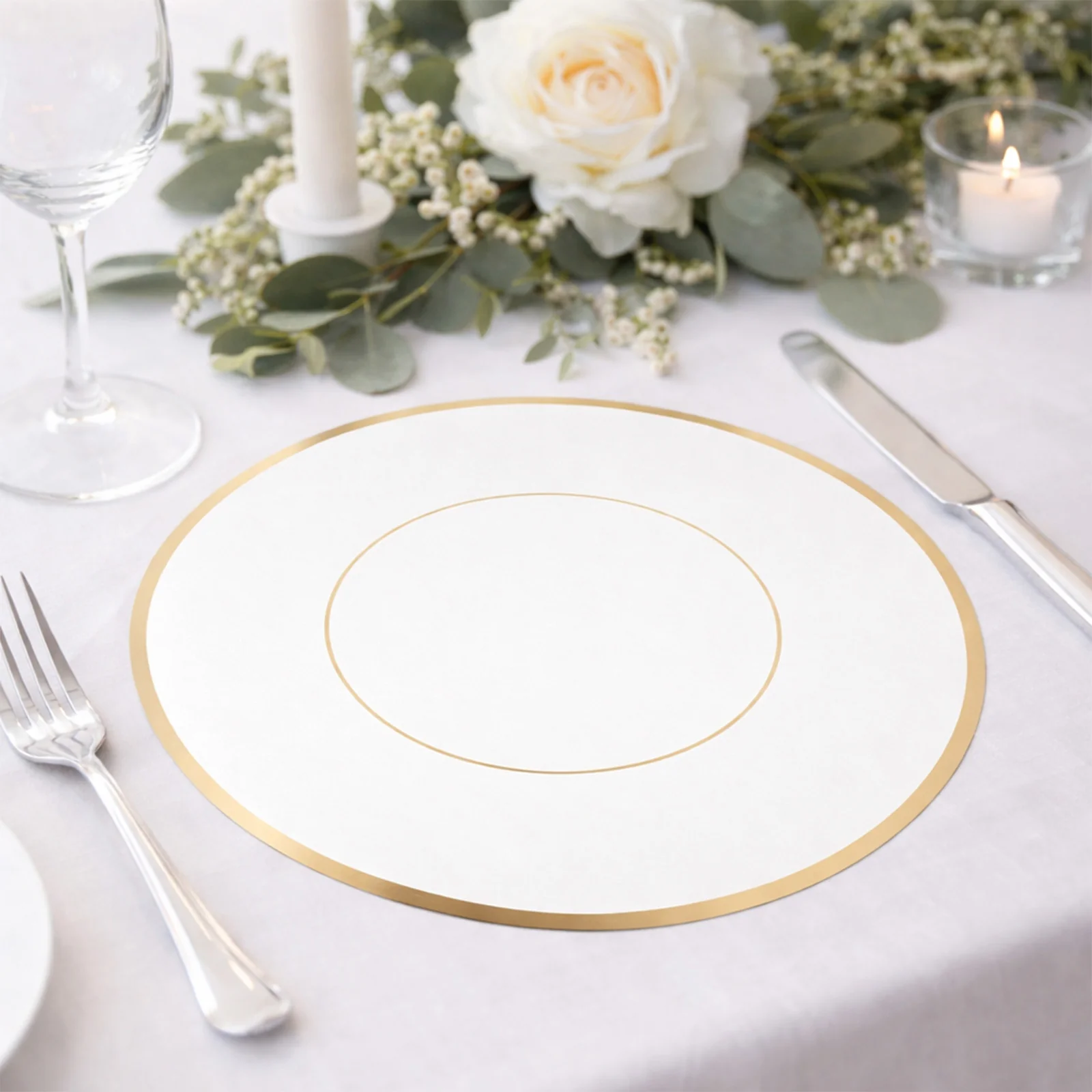 50 Pack Round Disposable Table Placemats 13" White with Gold Rim – Cardboard Charger Plates for Catering & Special Events, 128 GSM - Image 9
