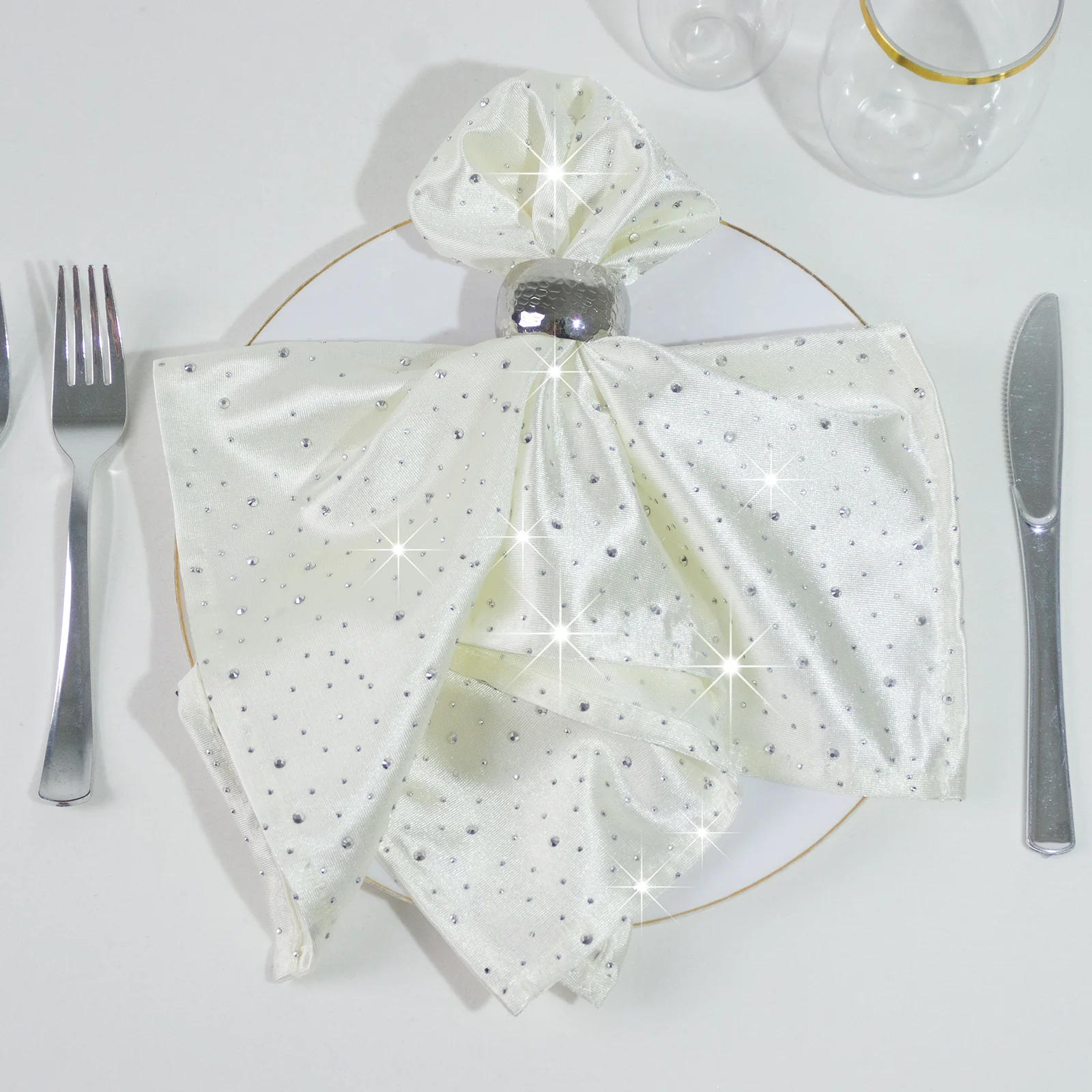 5-Pack Pearl White Scuba Polyester Napkins with Rhinestone Accents – 20"x20" Wrinkle-Free Reusable Cloth Napkins - Image 4