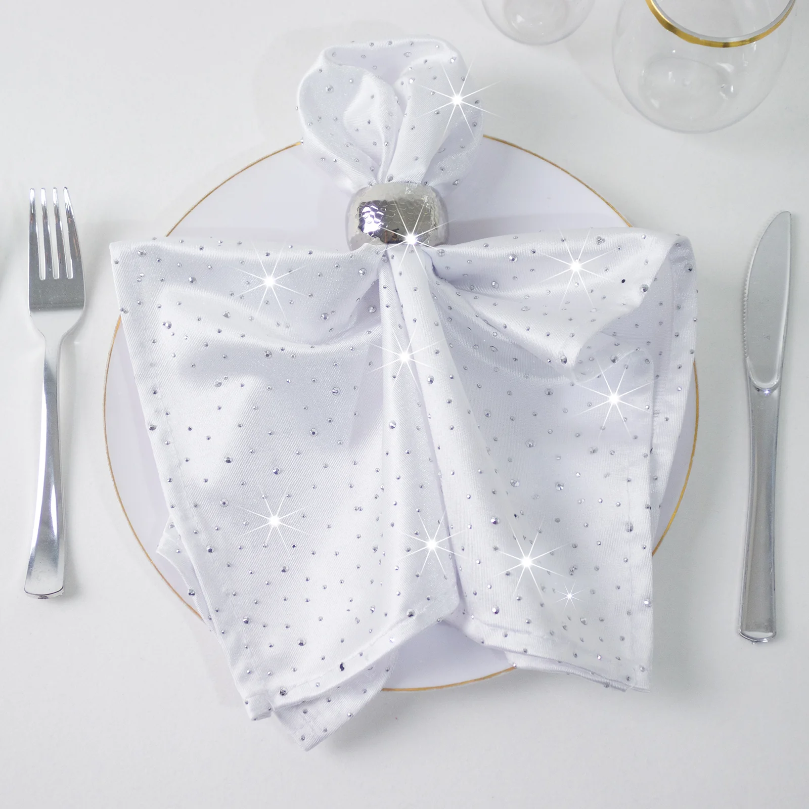 5-Pack White Scuba Polyester Napkins with Rhinestone Accents – 20"x20" Wrinkle-Free Reusable Cloth Napkins - Image 3