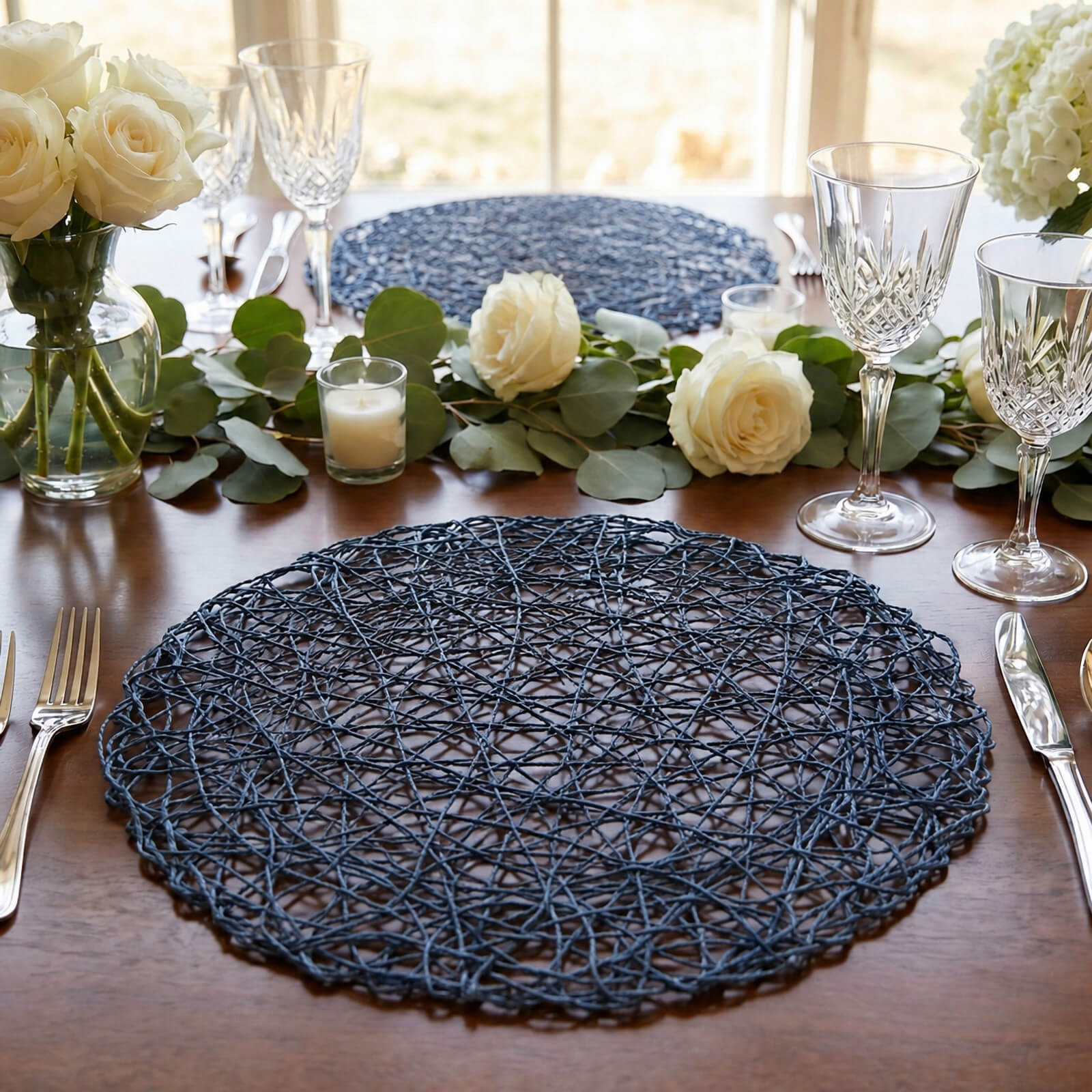 6-Pack Table Placemats Woven Fiber Design Denim Blue Round - Disposable Mats for Dining and Events 15" - Image 6