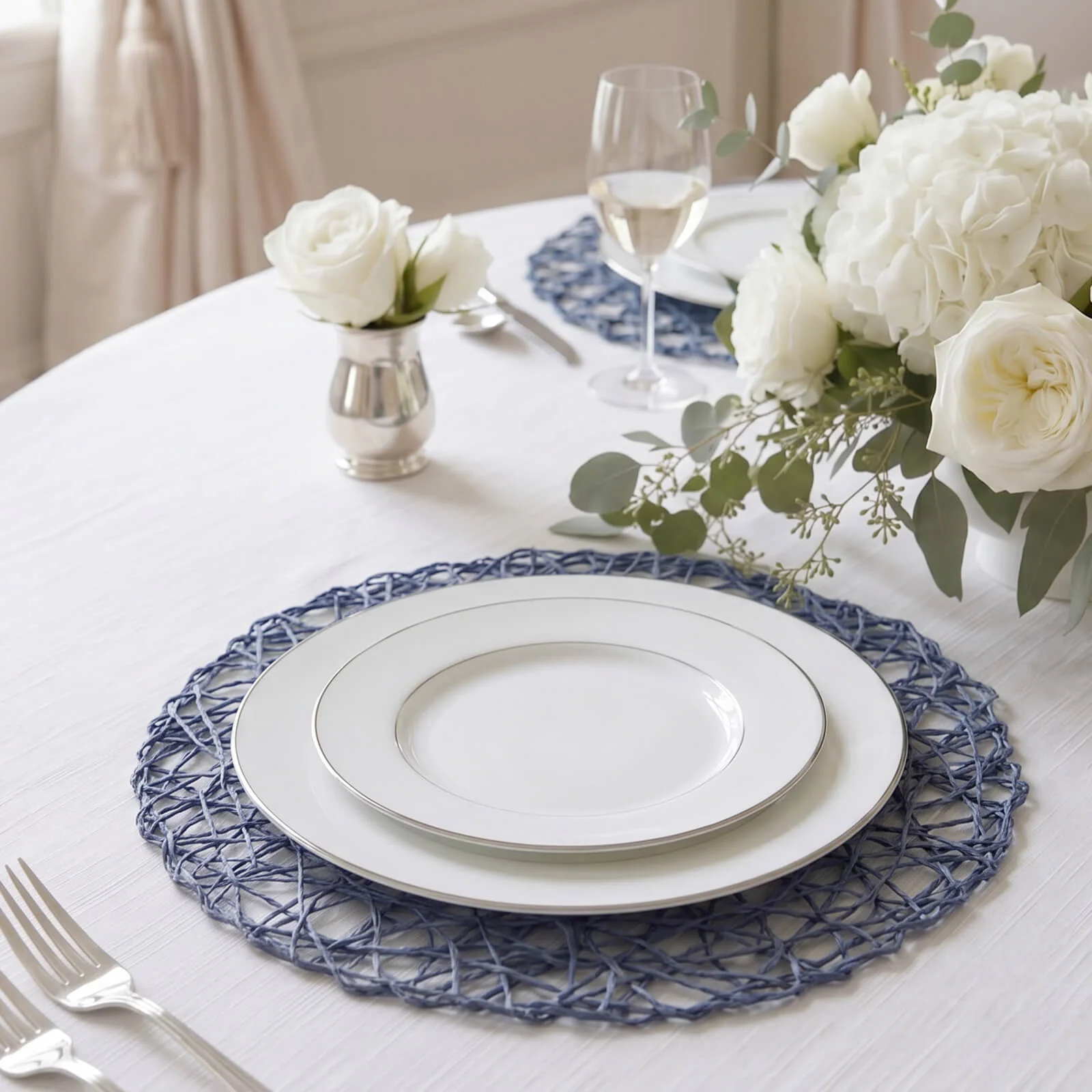 6-Pack Table Placemats Woven Fiber Design Denim Blue Round - Disposable Mats for Dining and Events 15" - Image 9