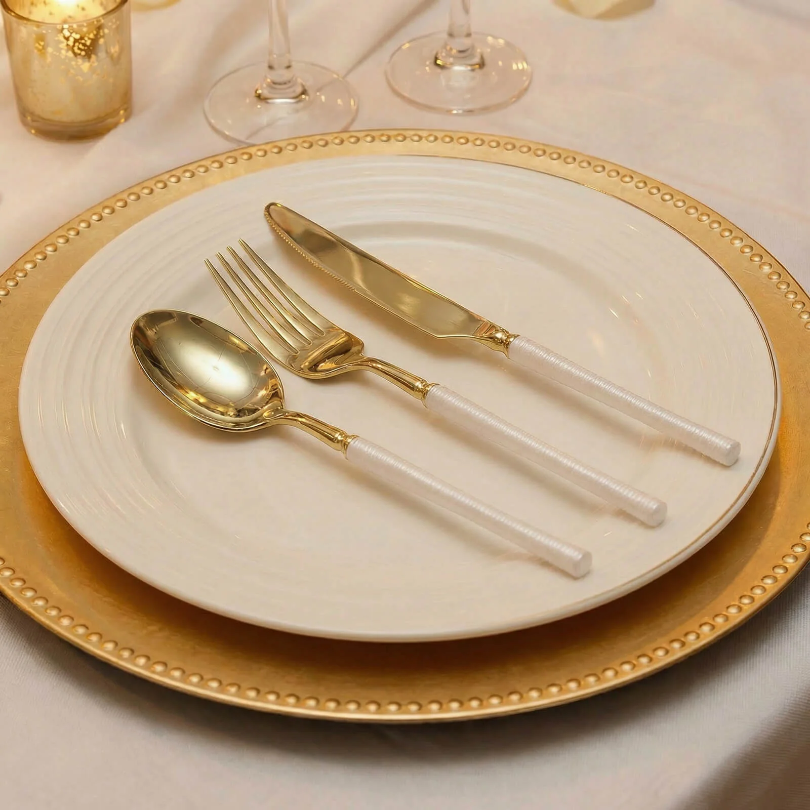60 Pcs Plastic Cutlery Set Gold with White Handle, Heavy Duty Disposable Fork Spoon Knife Combo, Modern Minimalist Style - Image 7
