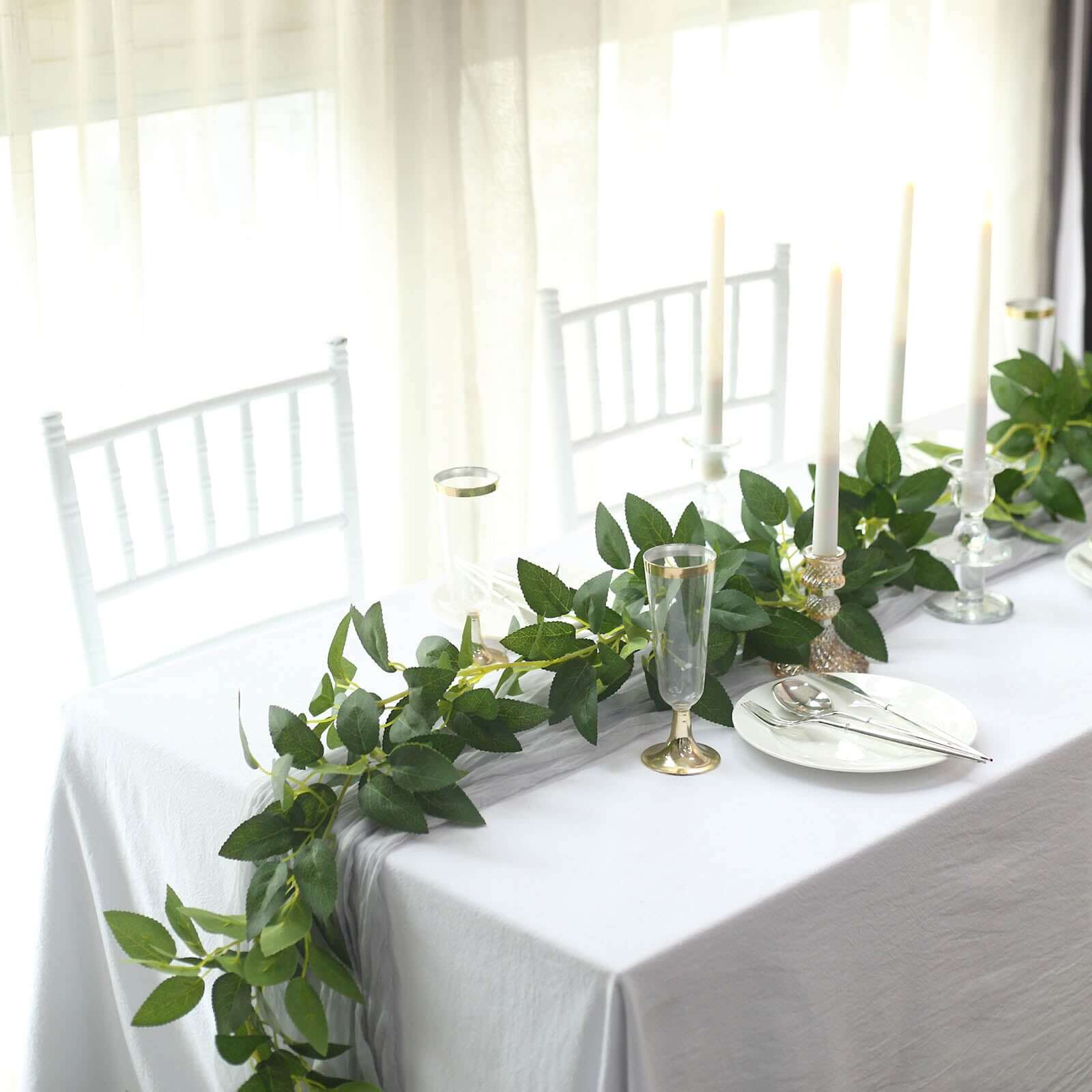 6ft Real Touch Green Artificial Silk Rose Leaf Hanging Vine, Flexible Greenery Table Garland - Image 2