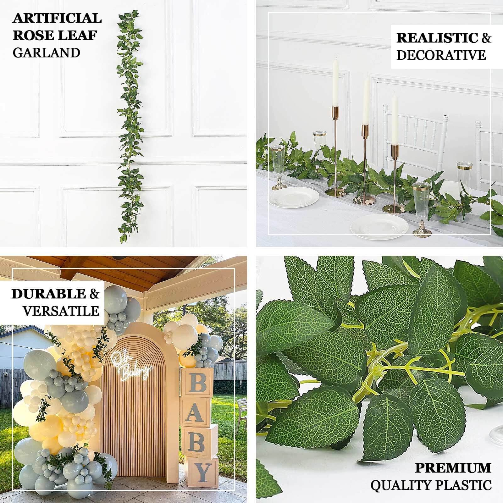 6ft Real Touch Green Artificial Silk Rose Leaf Hanging Vine, Flexible Greenery Table Garland - Image 4