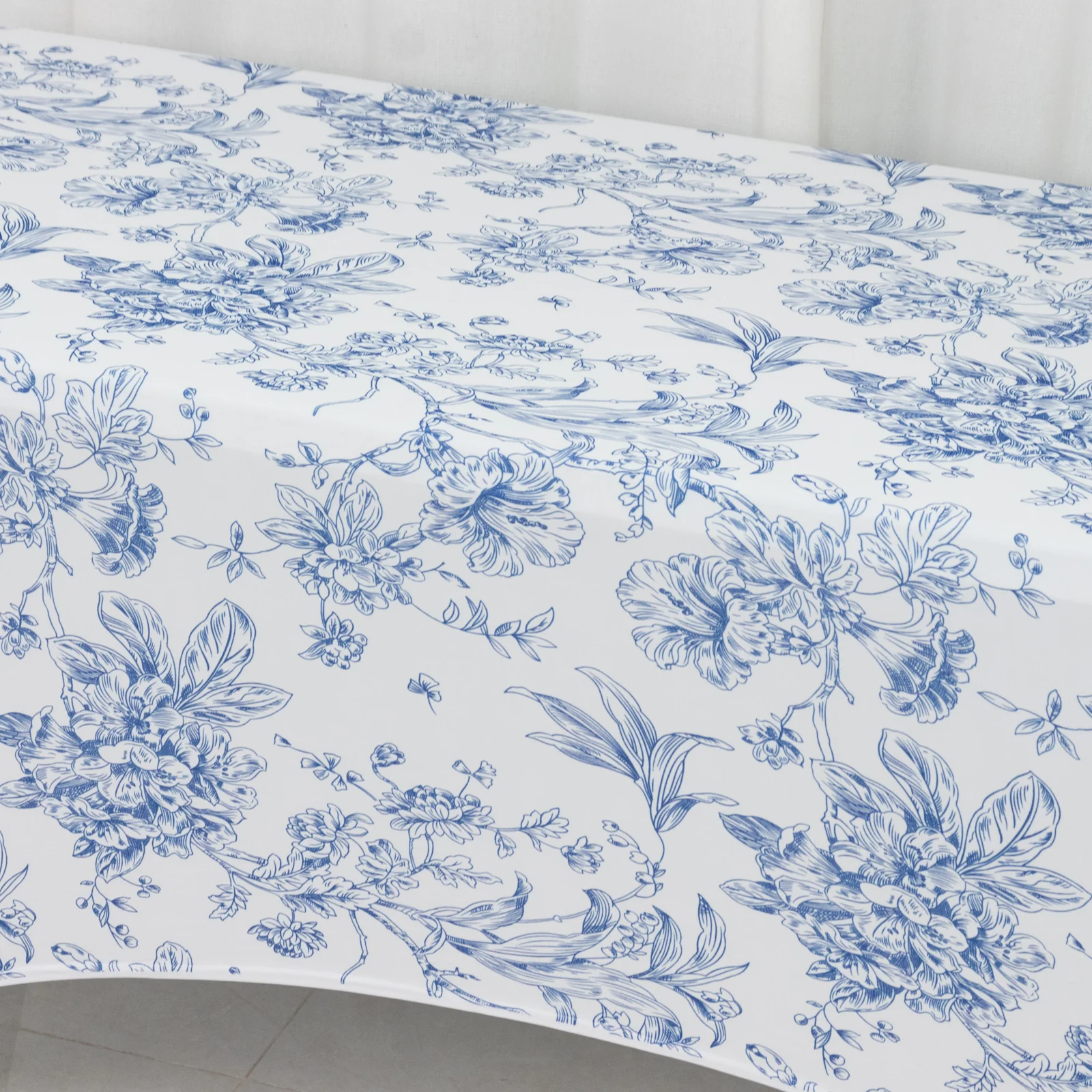 6ft Spandex Fitted Rectangle Tablecloth – White & Blue French Toile Wrinkle-Free Stretch Table Cover - Image 4