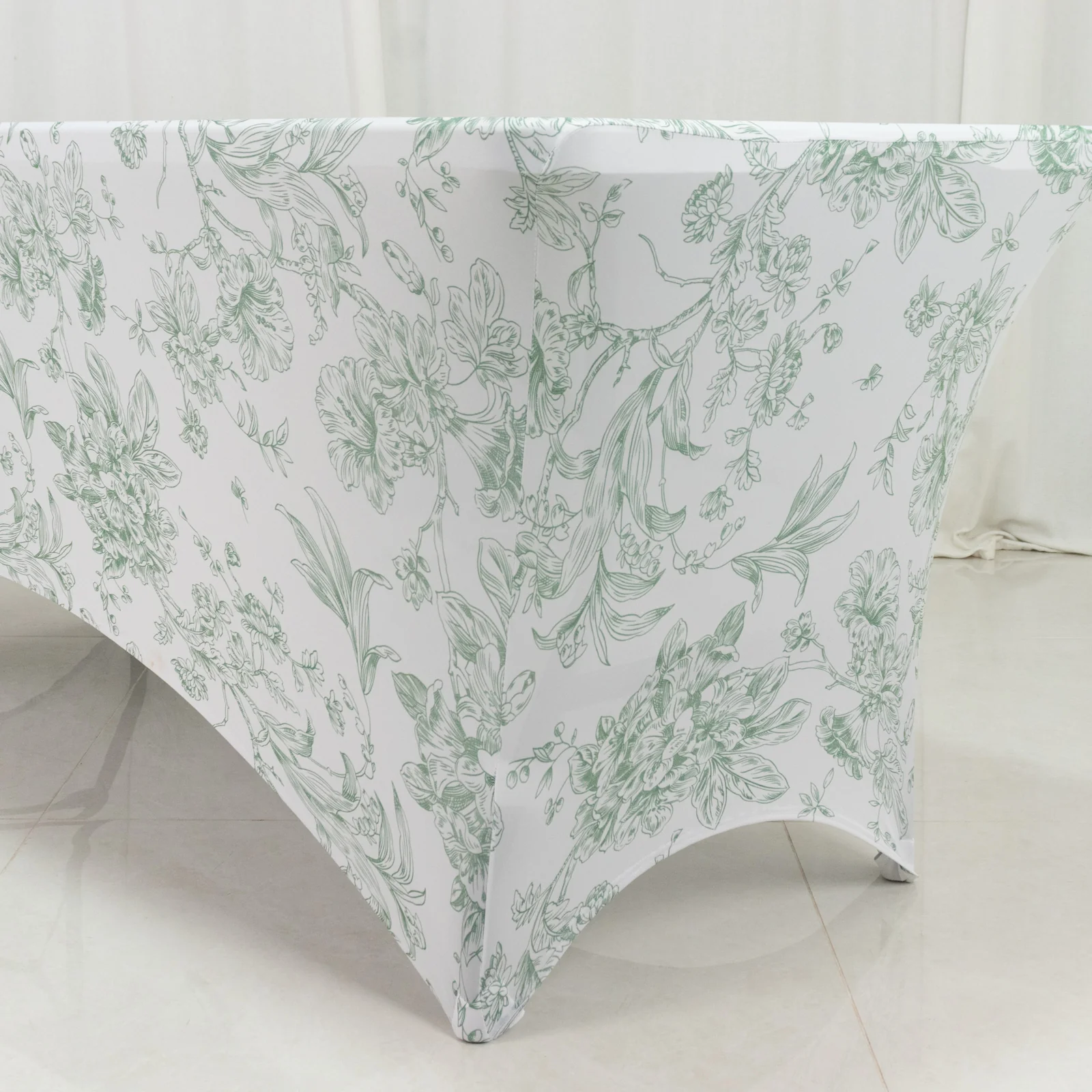 6ft Spandex Fitted Rectangle Tablecloth – White & Dusty Sage Green French Toile Wrinkle-Free Stretch Table Cover - Image 2