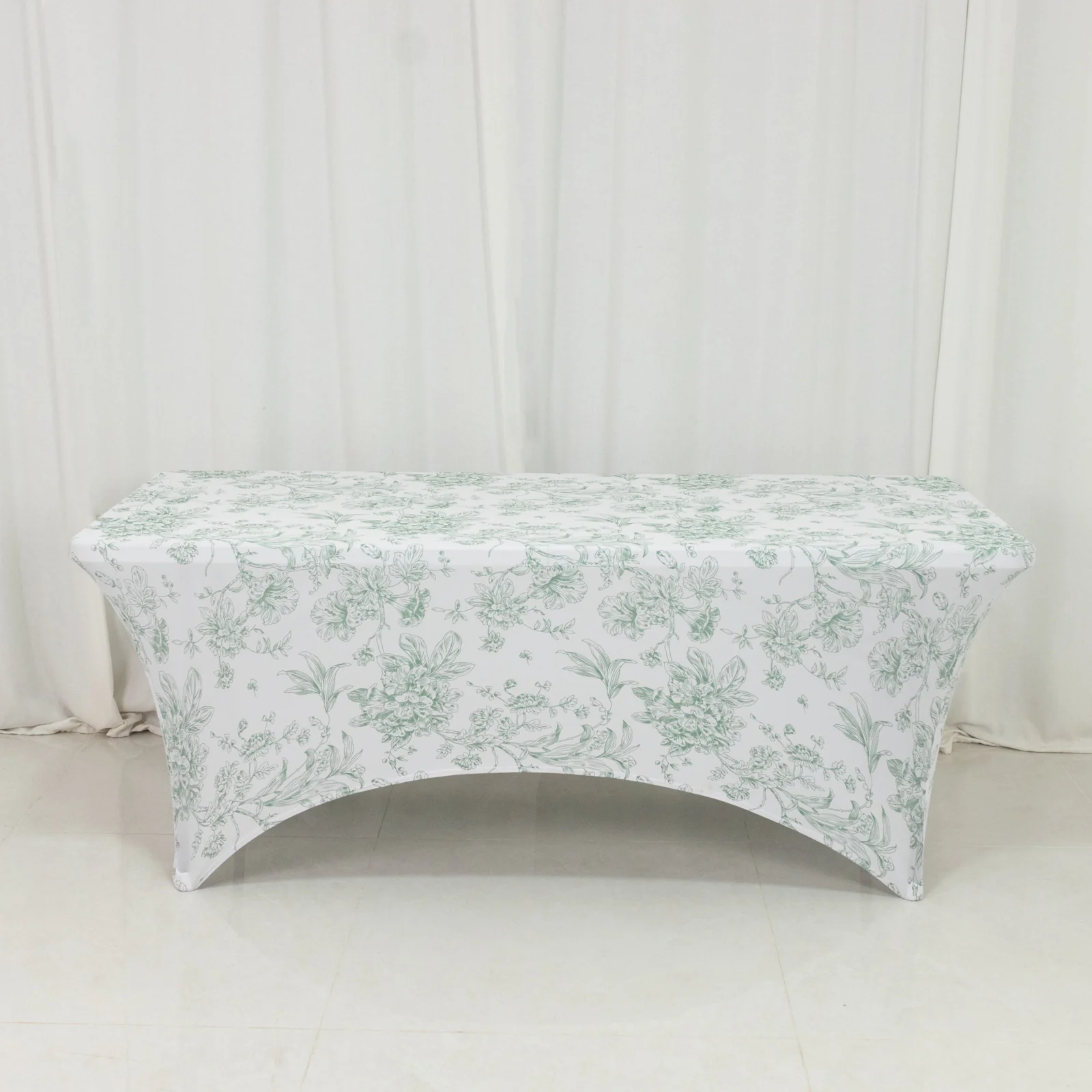 6ft Spandex Fitted Rectangle Tablecloth – White & Dusty Sage Green French Toile Wrinkle-Free Stretch Table Cover - Image 3