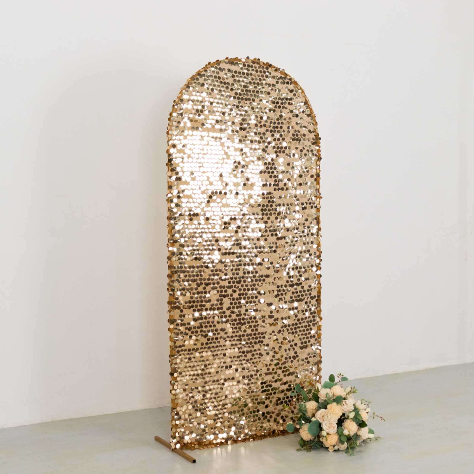 6ft Sparkly Gold Big Payette Sequin Fitted Wedding Arch Cover for Round Top Chiara Backdrop Stand - Image 2