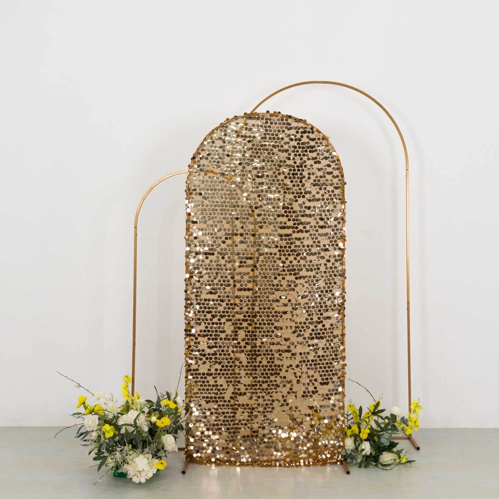 6ft Sparkly Gold Big Payette Sequin Fitted Wedding Arch Cover for Round Top Chiara Backdrop Stand - Image 4