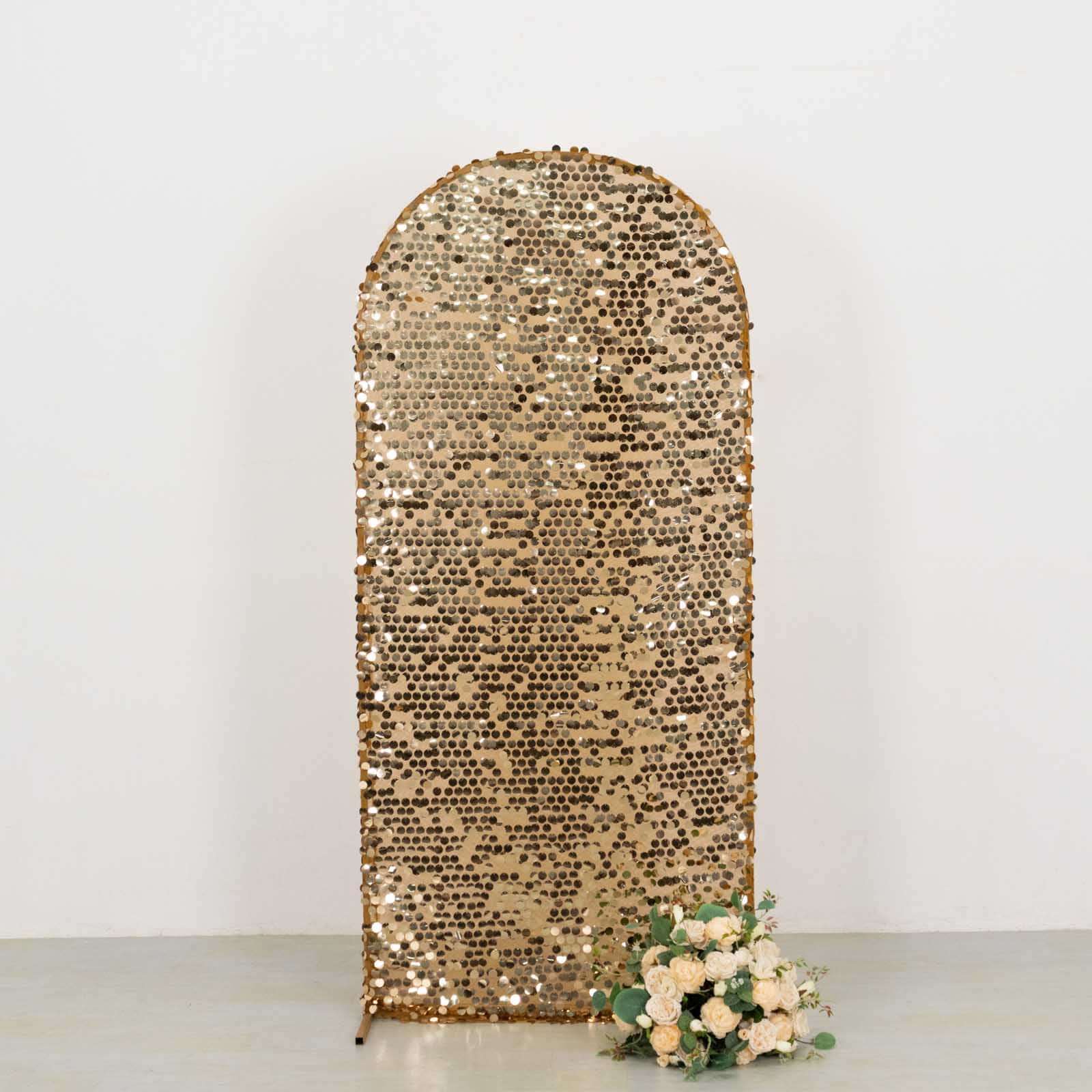 6ft Sparkly Gold Big Payette Sequin Fitted Wedding Arch Cover for Round Top Chiara Backdrop Stand - Image 5