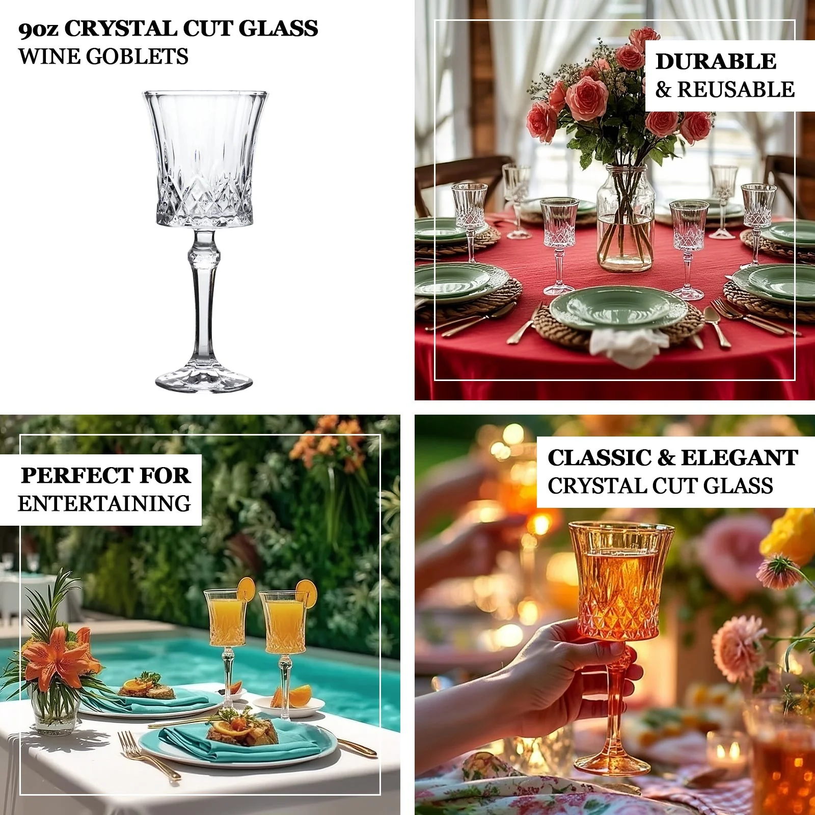 6 Pack 9oz Crystal Cut Glass Goblets Clear – Elegant Vintage Wine, Water & Cocktail Glasses for Table Settings - Image 3
