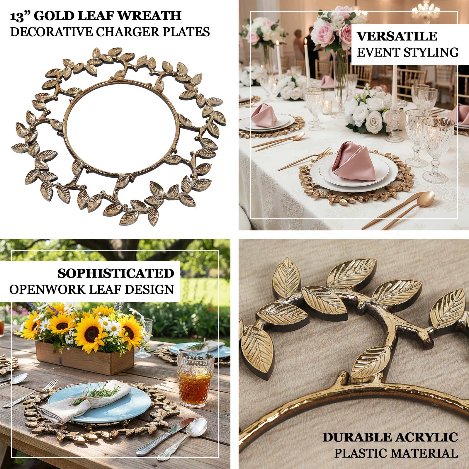 6 Pack Acrylic Plastic 13" Charger Plates in Gold Leaf Wreath Design – Round Decorative Dinner Table Plates - Image 4