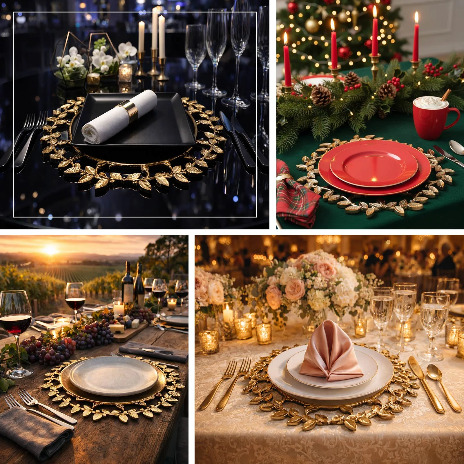 6 Pack Acrylic Plastic 13" Charger Plates in Gold Leaf Wreath Design – Round Decorative Dinner Table Plates - Image 5
