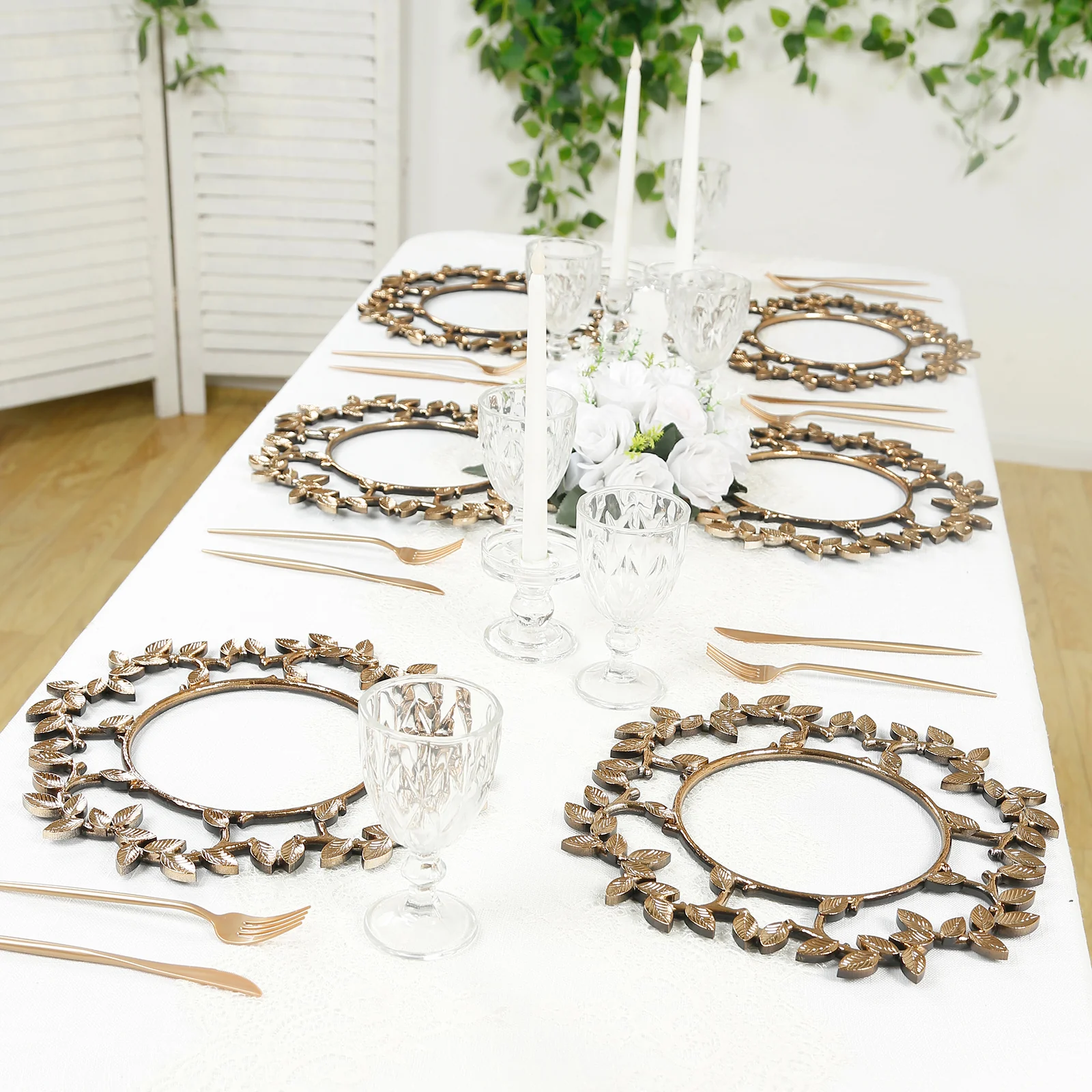 6 Pack Acrylic Plastic 13" Charger Plates in Gold Leaf Wreath Design – Round Decorative Dinner Table Plates - Image 6