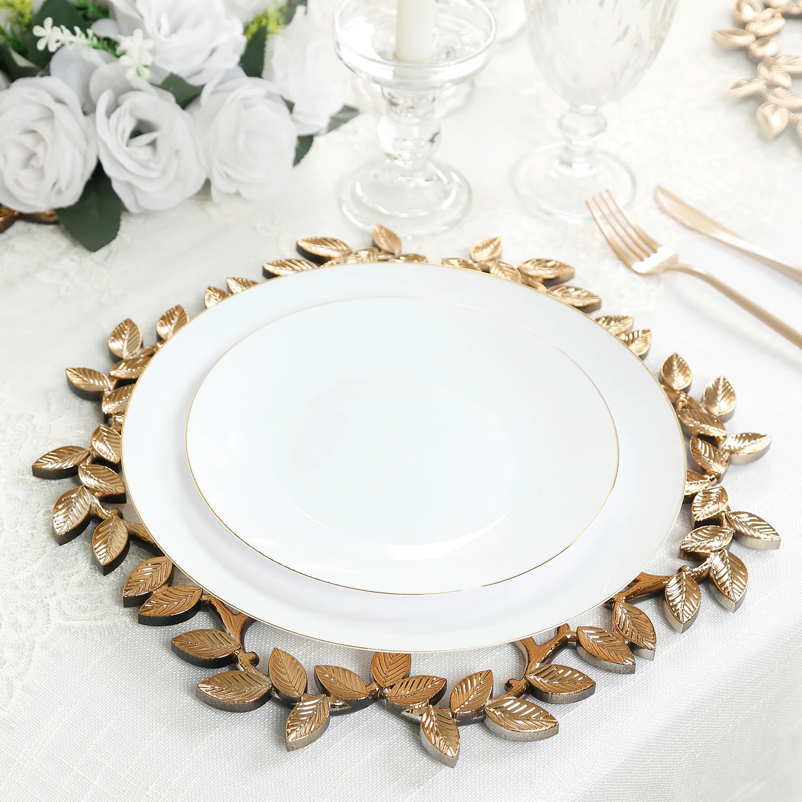 6 Pack Acrylic Plastic 13" Charger Plates in Gold Leaf Wreath Design – Round Decorative Dinner Table Plates - Image 7