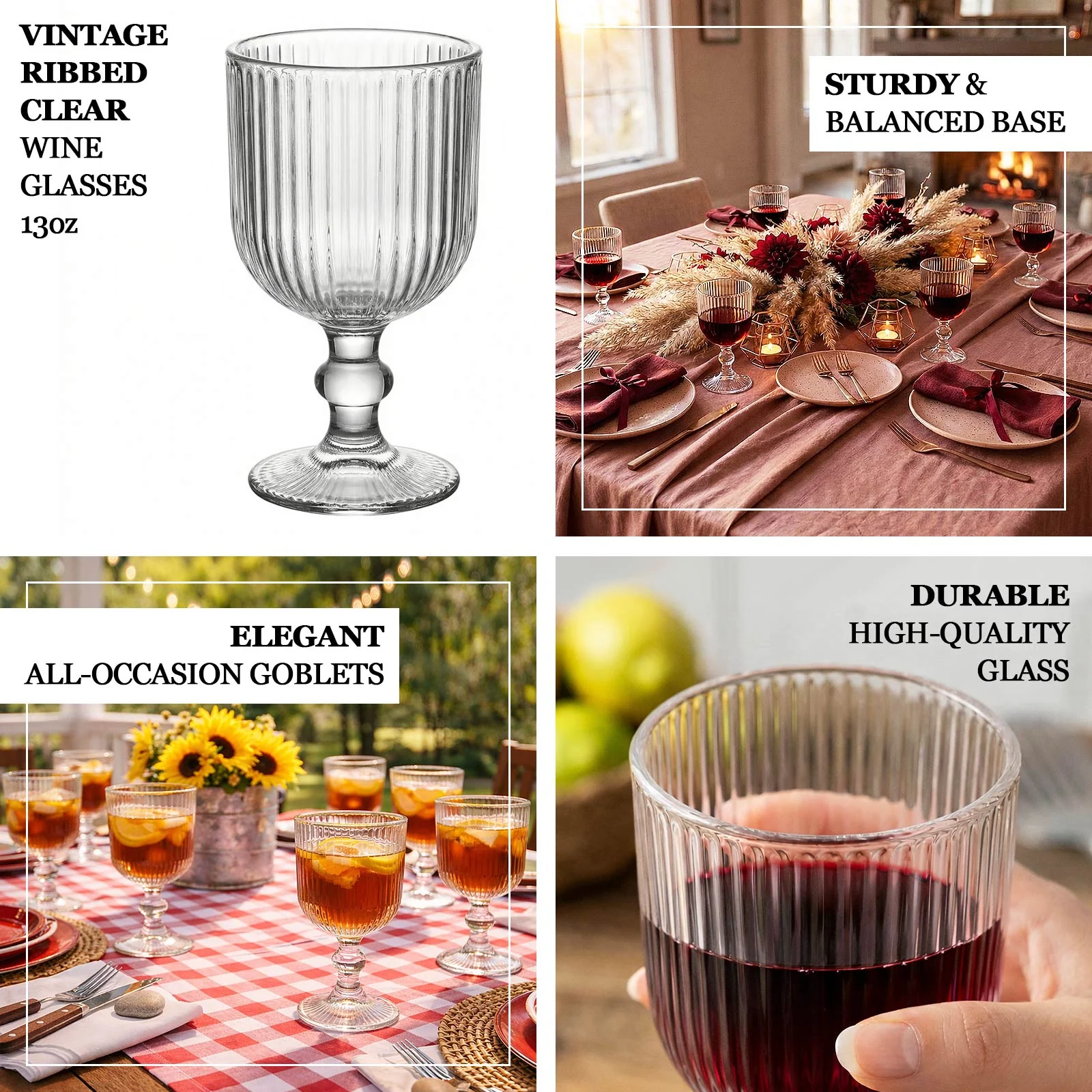 6 Pack Ribbed Wine Glasses – 13oz Clear Vintage Glass Goblets with Ball Stem Accent - Image 4