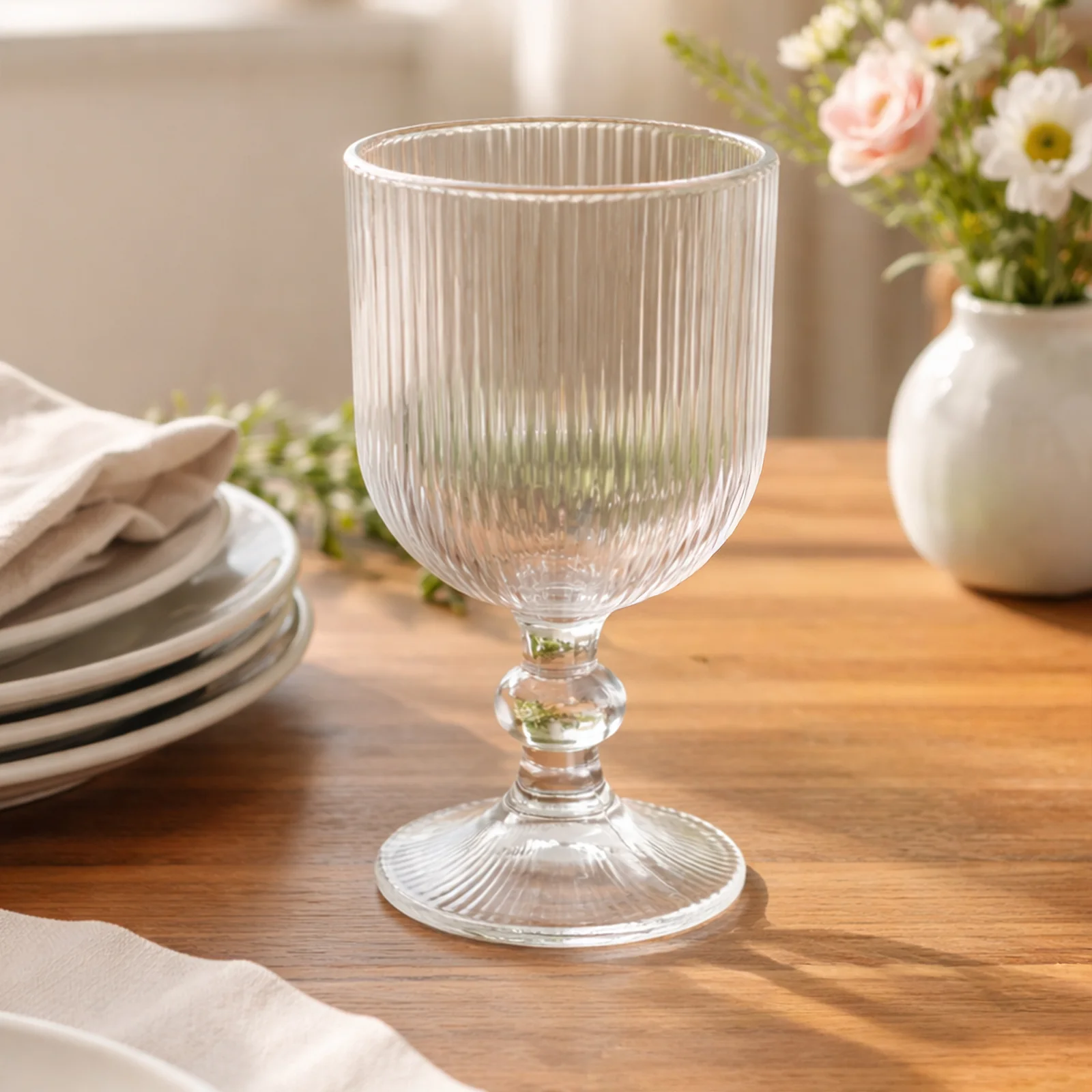 6 Pack Ribbed Wine Glasses – 13oz Clear Vintage Glass Goblets with Ball Stem Accent - Image 9