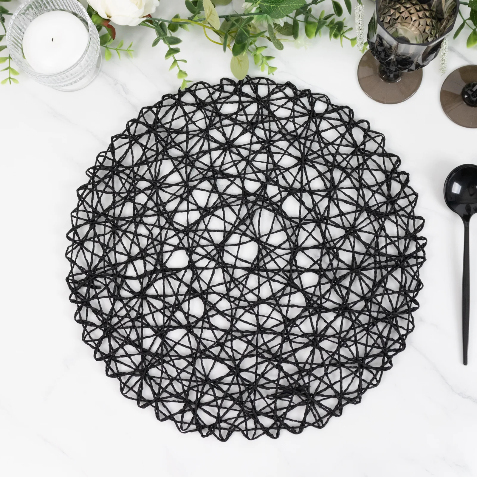 6-Pack Table Placemats Woven Fiber Design Black Round - Disposable Mats for Dining and Events 15" - Image 6