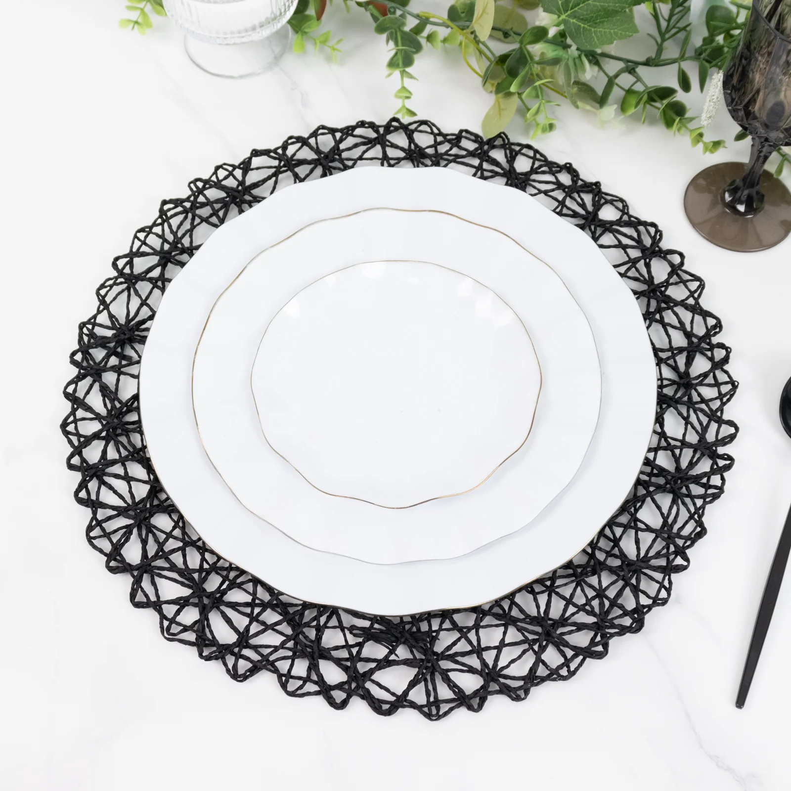 6-Pack Table Placemats Woven Fiber Design Black Round - Disposable Mats for Dining and Events 15" - Image 8