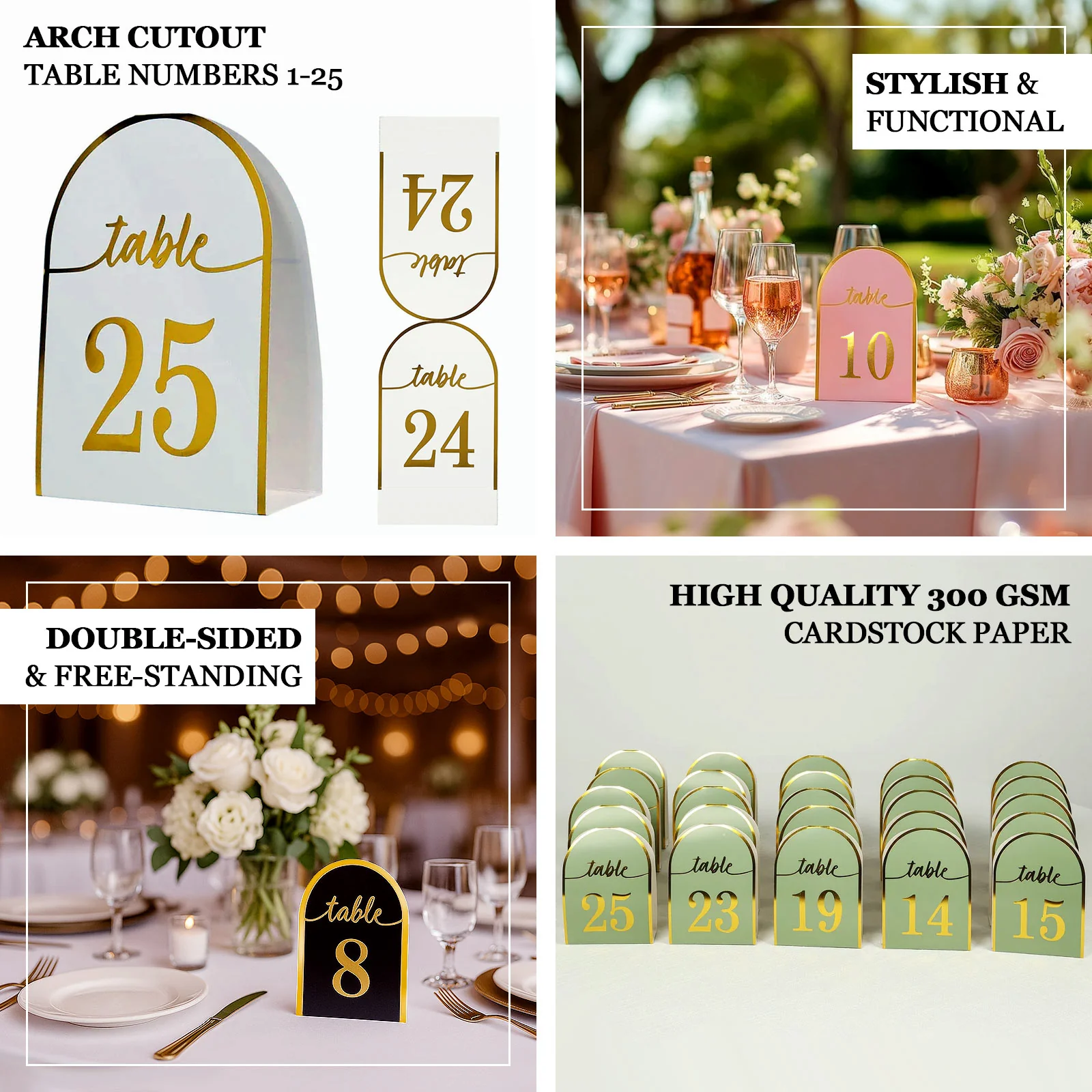 25-Pack 7" Disposable Table Numbers, Metallic Gold Free Standing Double Sided Table Number Place Cards with White Numbers 1-25 - Image 4