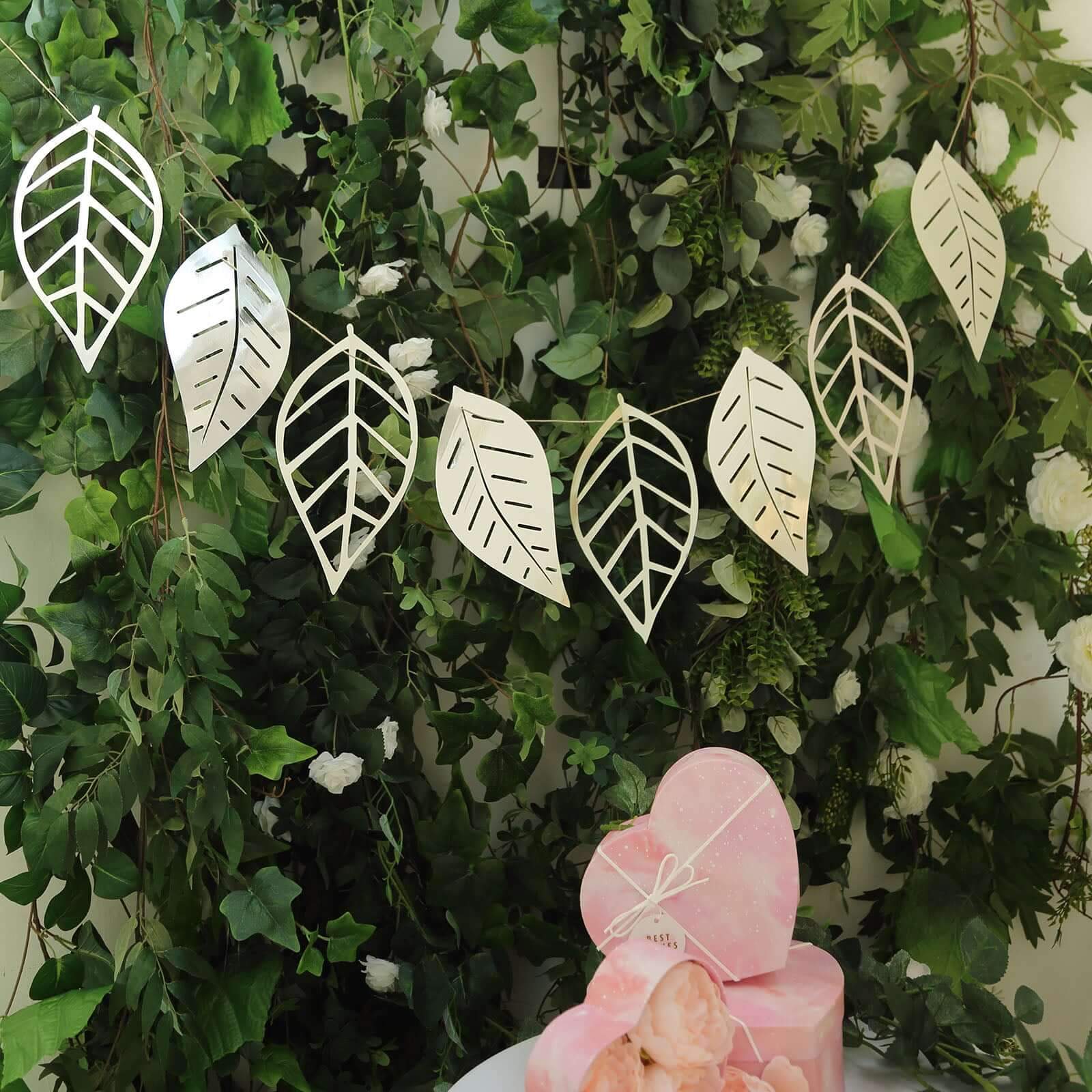 7ft Silver Foiled Paper Assorted Leaves Hanging Garland Banner - Image 2