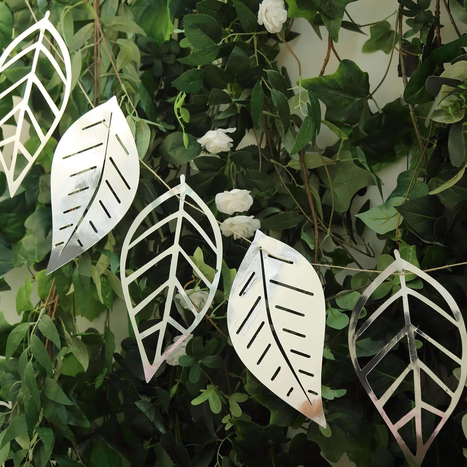 7ft Silver Foiled Paper Assorted Leaves Hanging Garland Banner - Image 6